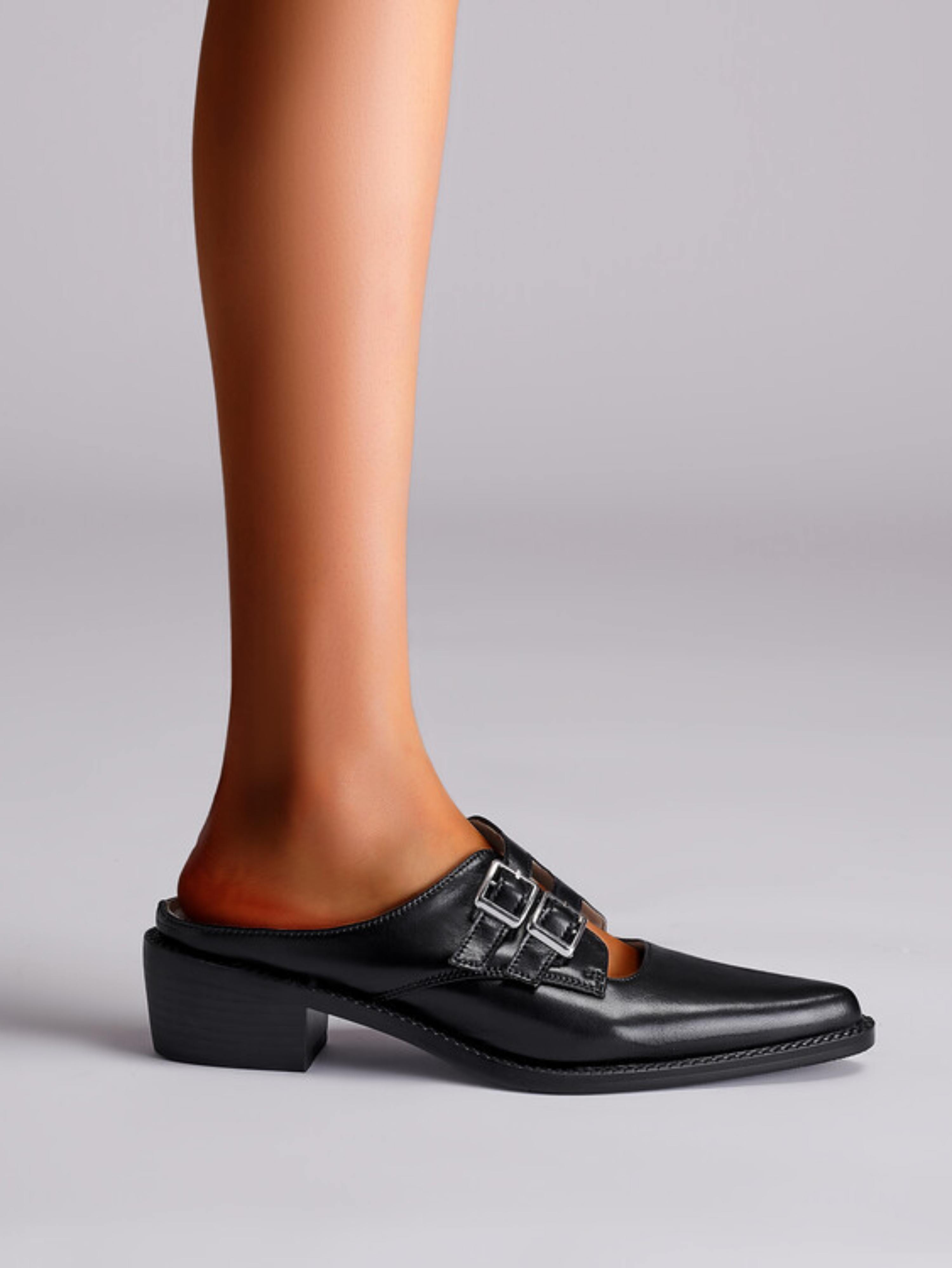 Sleek Dual-Buckle Pointed Toe Mules Black Sandals for Women