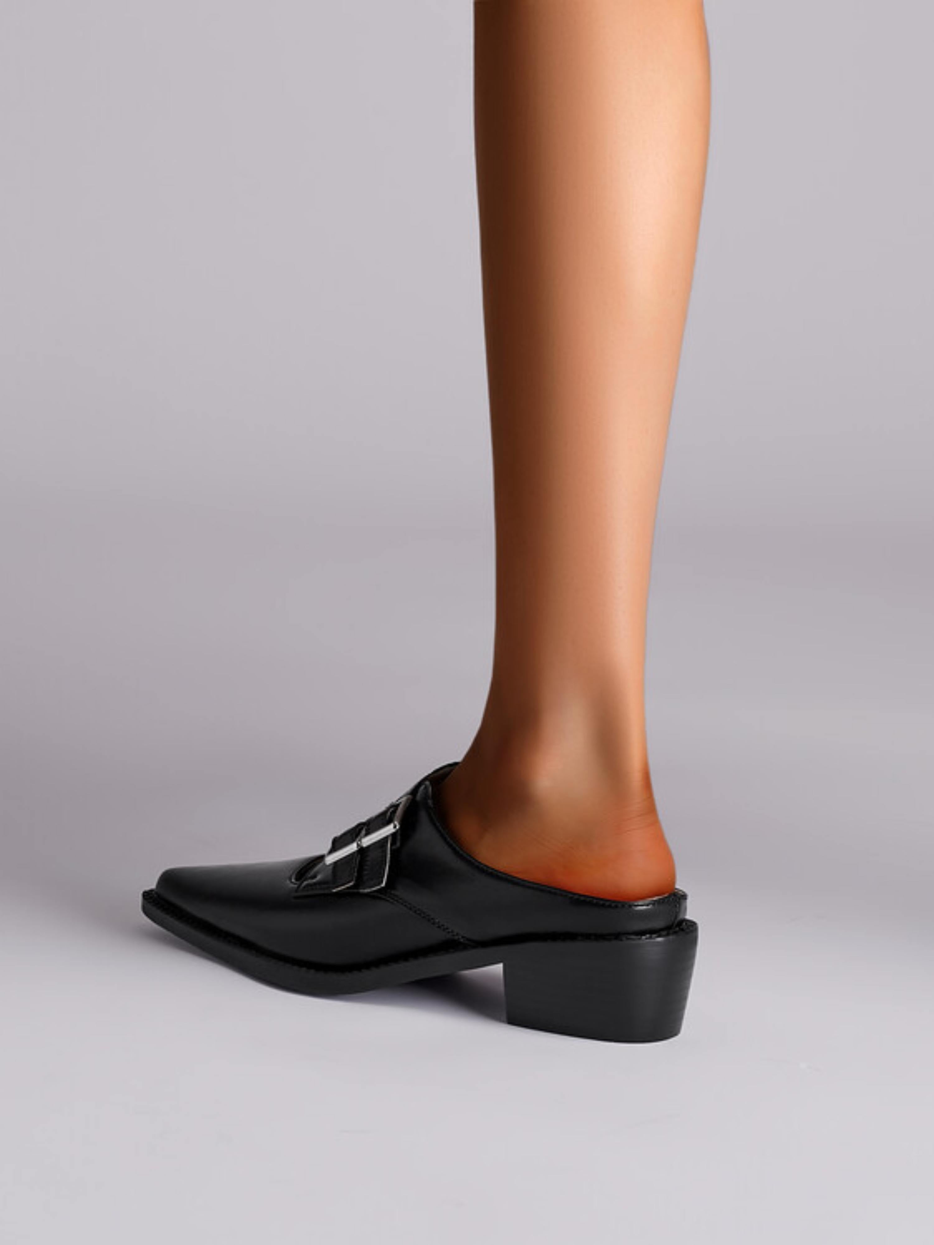 Sleek Dual-Buckle Pointed Toe Mules Black Sandals for Women