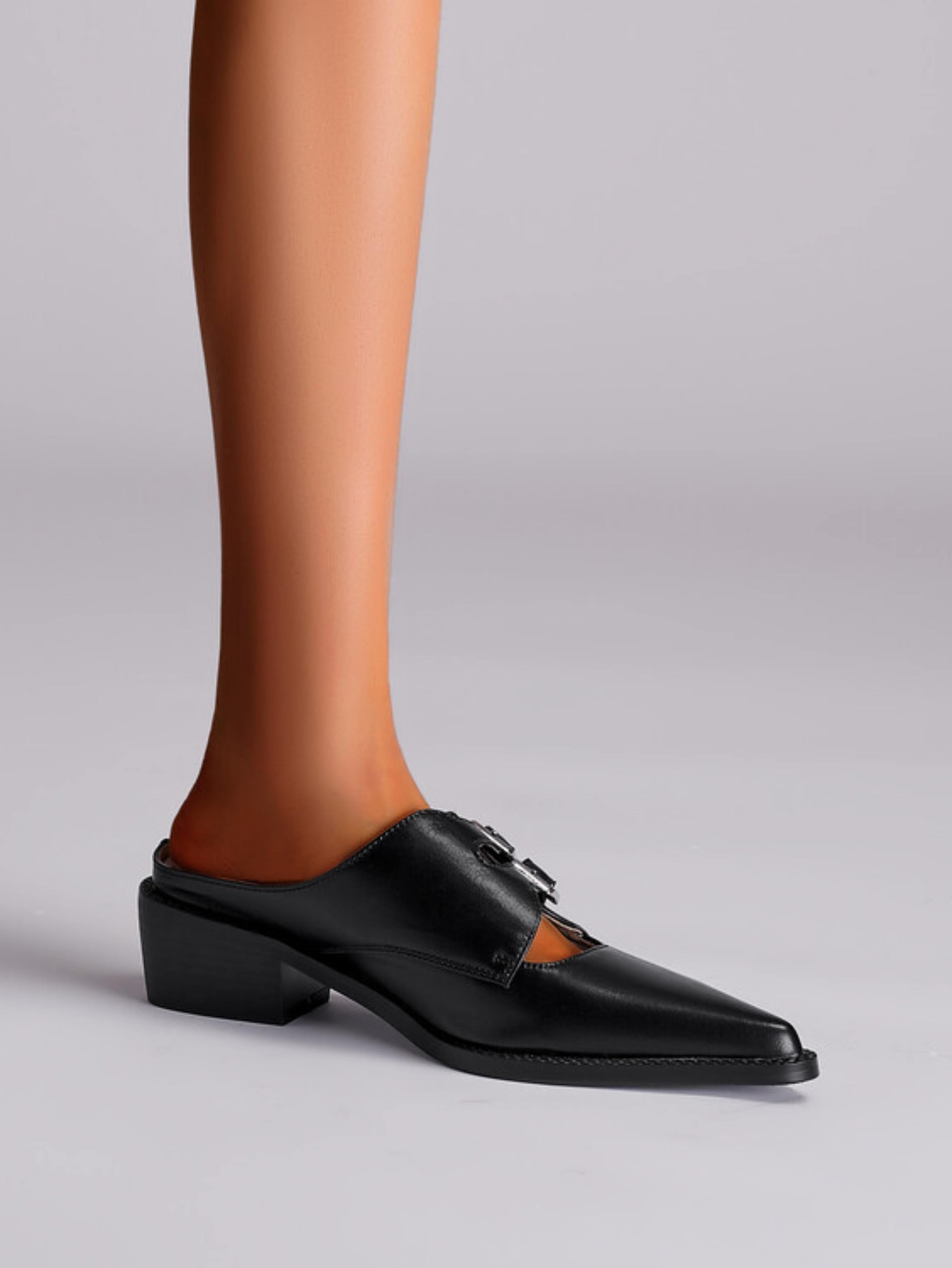 Sleek Dual-Buckle Pointed Toe Mules Black Sandals for Women