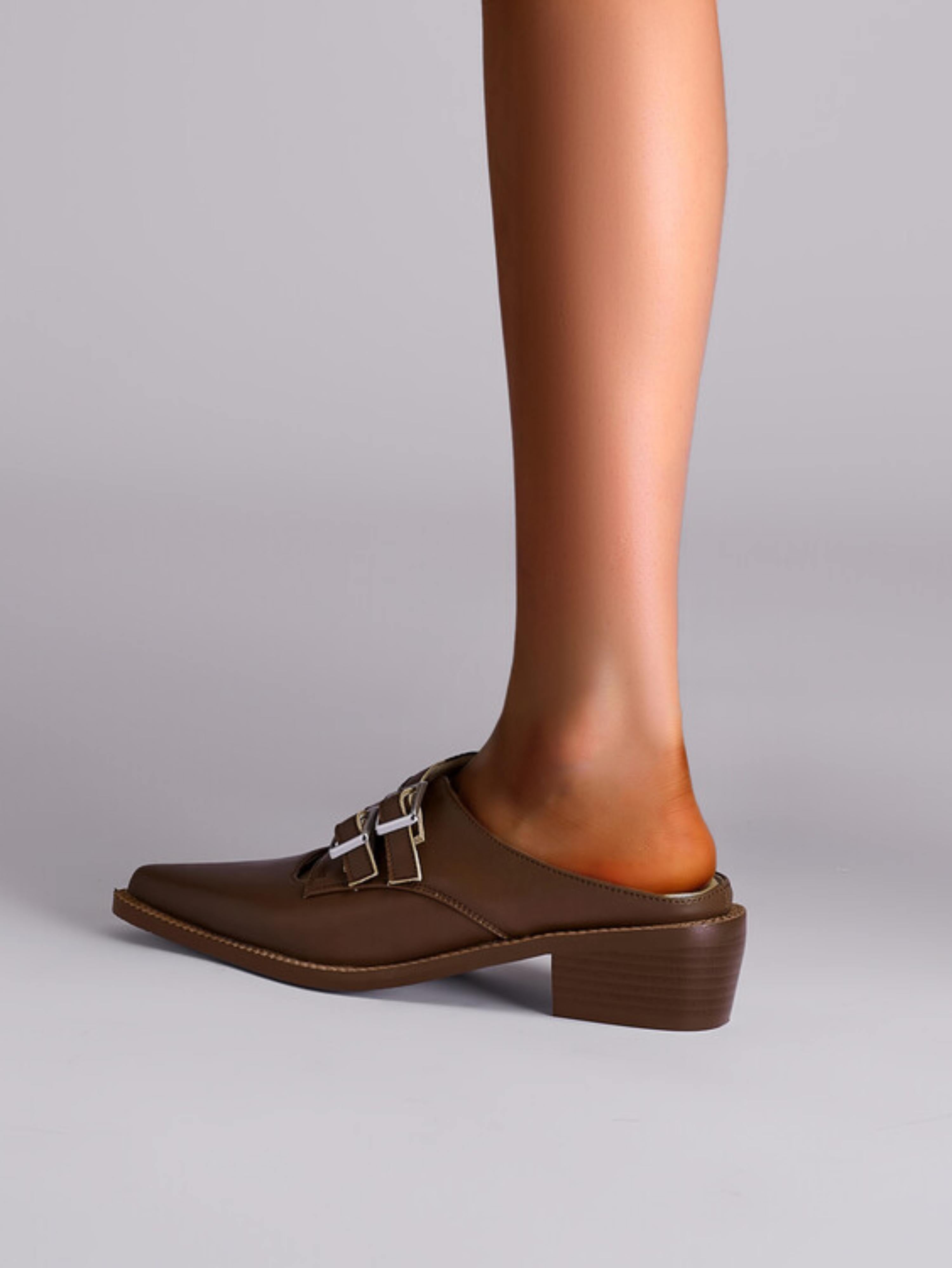 Minimalist Slip-On Heels Buckled Brown Sandals Women