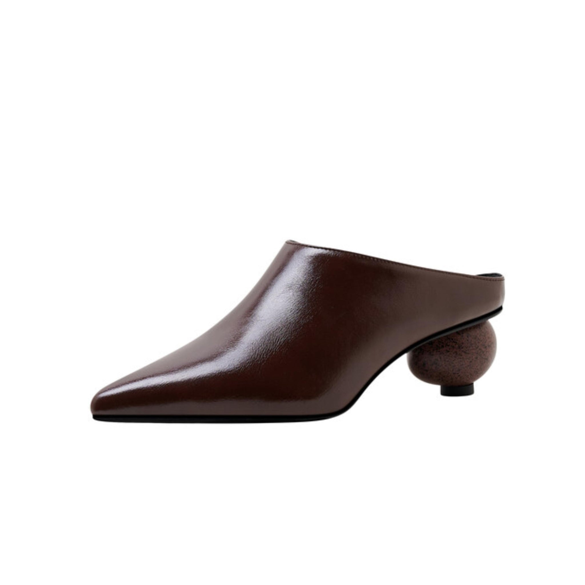 Glossy Brown Mules with Sculptural Wooden Heel Women's Sandals