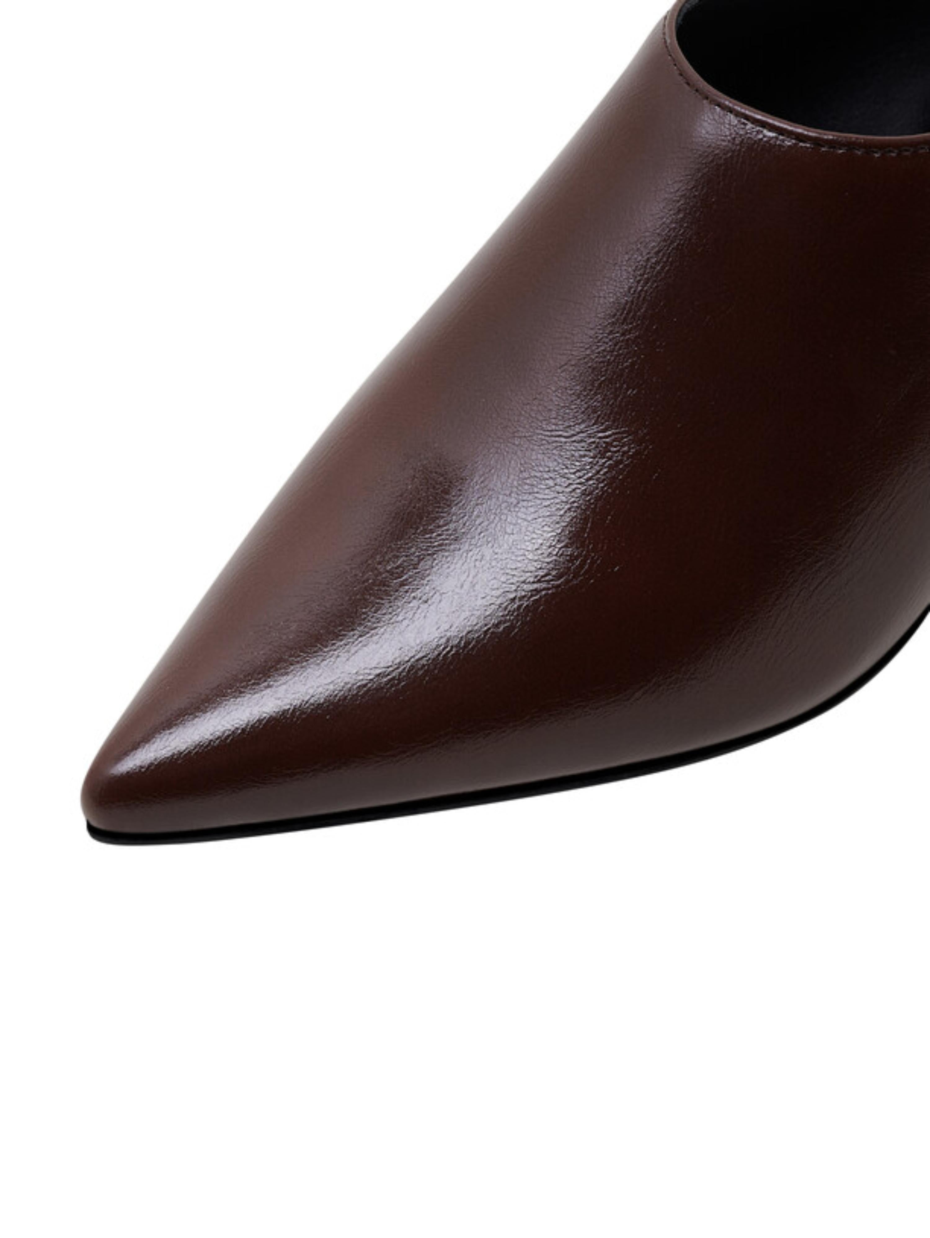 Glossy Brown Mules with Sculptural Wooden Heel Women's Sandals