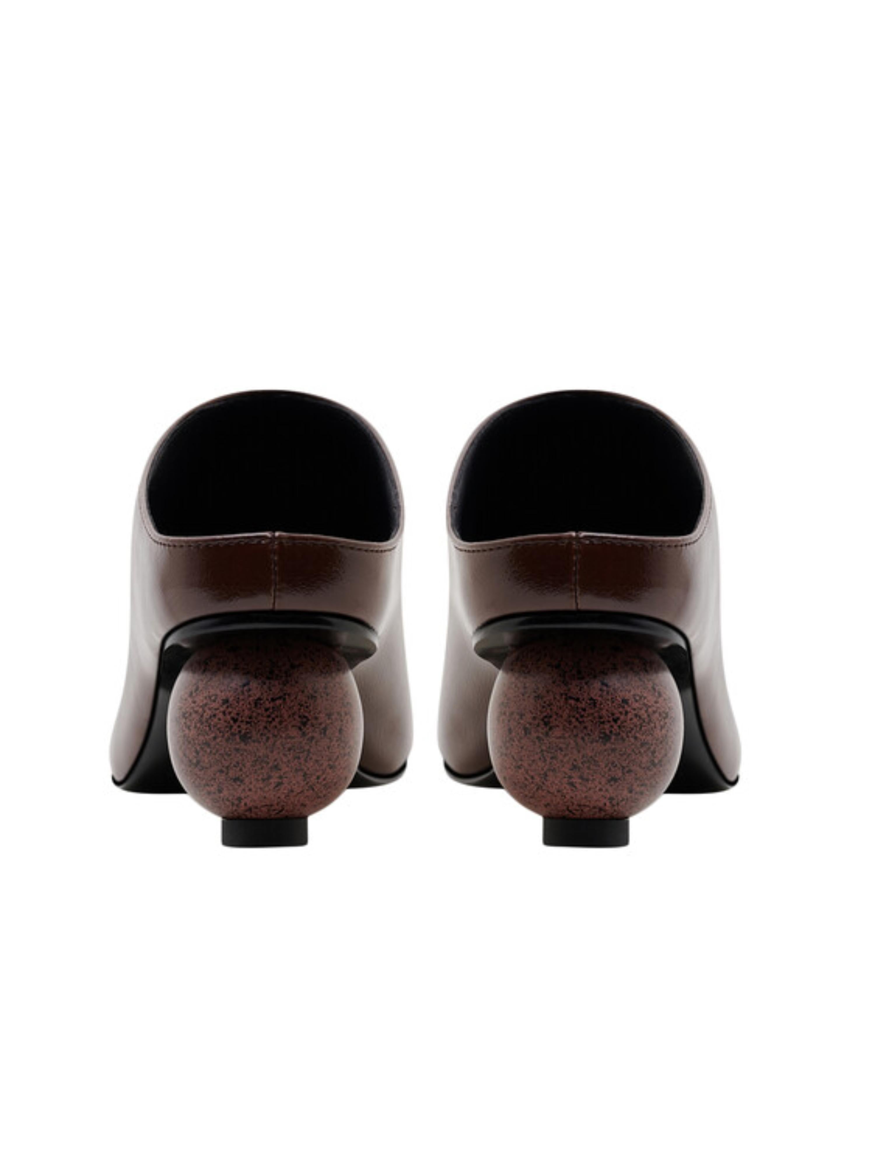 Glossy Brown Mules with Sculptural Wooden Heel Women's Sandals