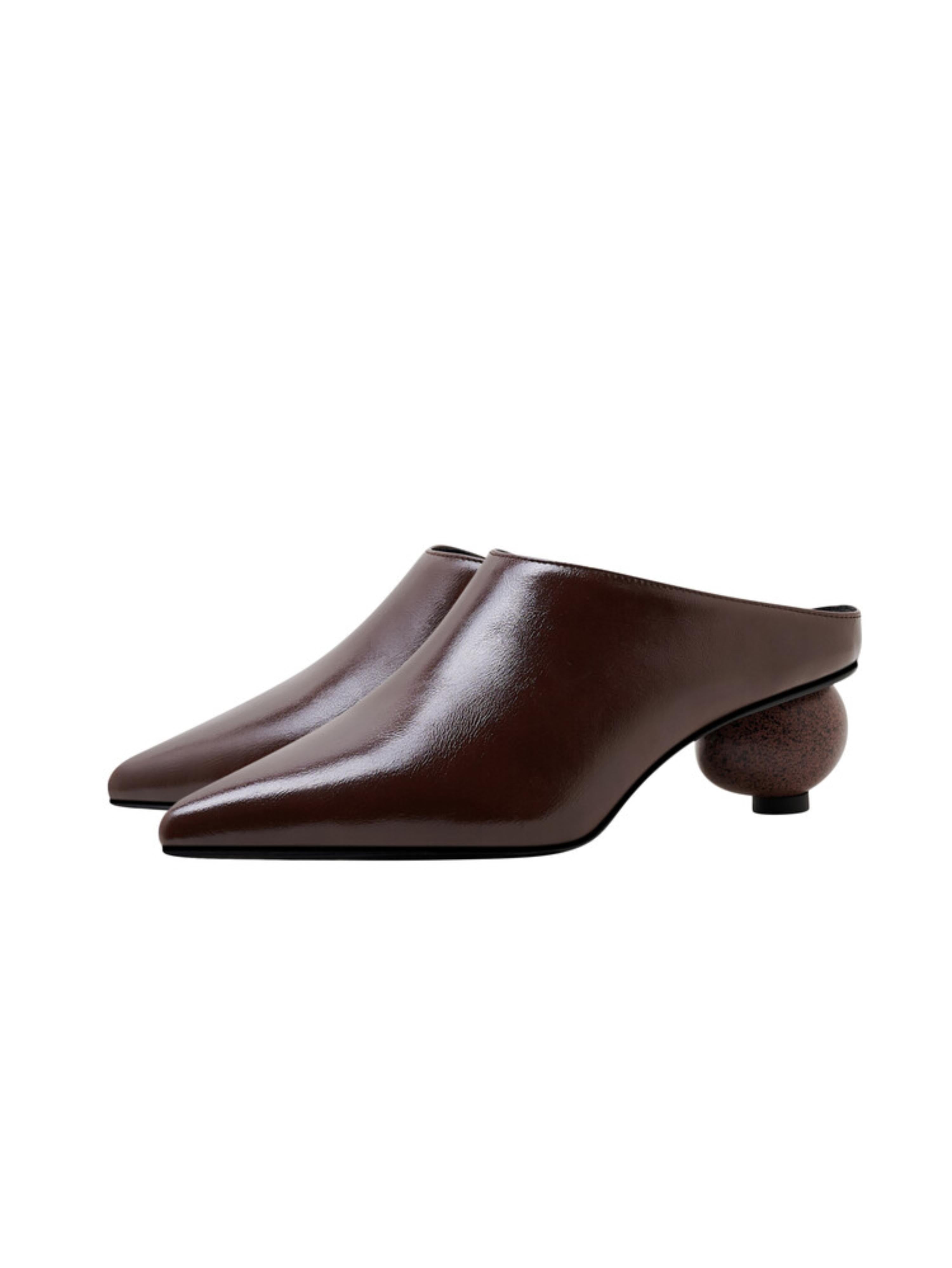Glossy Brown Mules with Sculptural Wooden Heel Women's Sandals