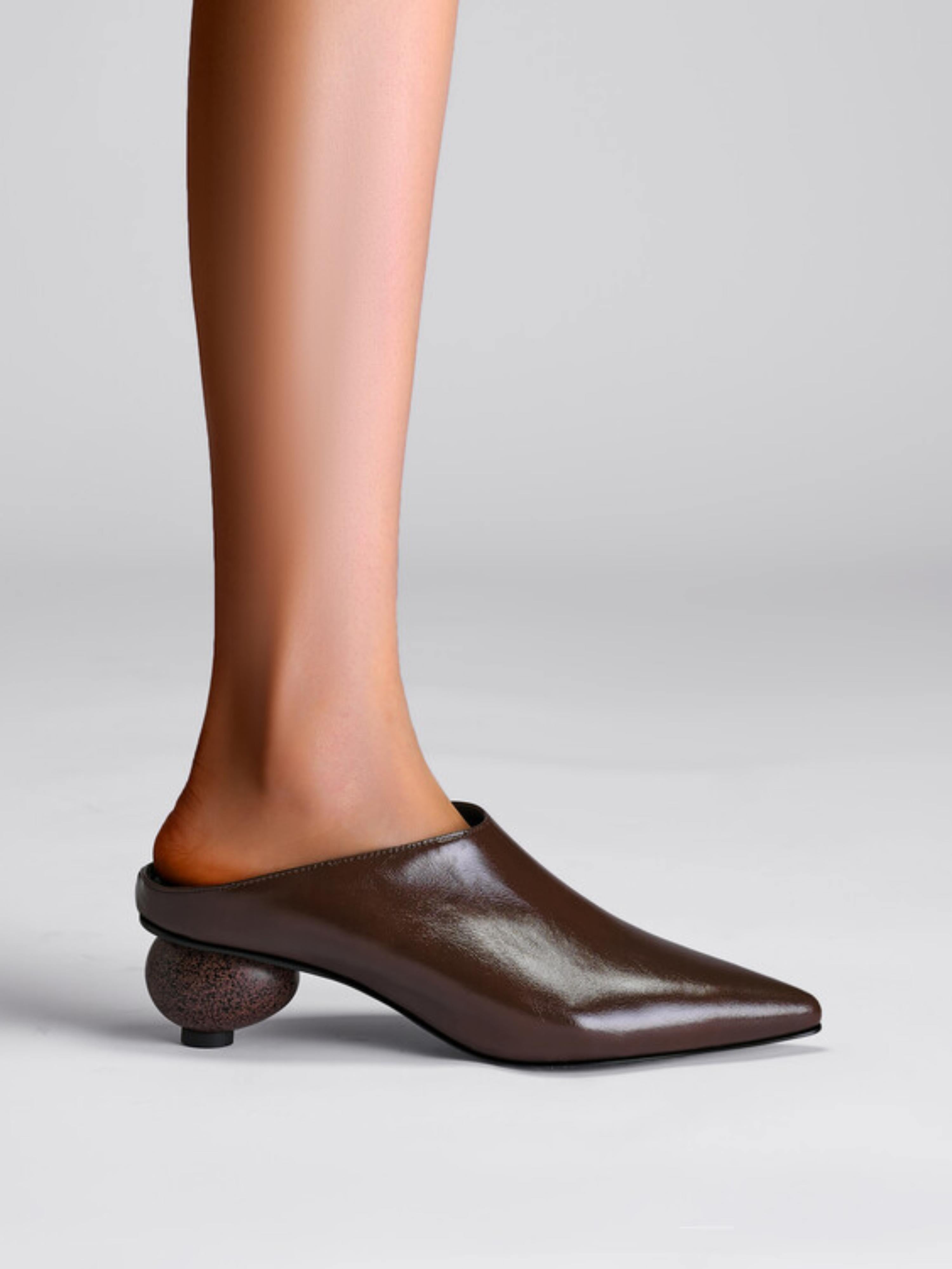 Glossy Brown Mules with Sculptural Wooden Heel Women's Sandals