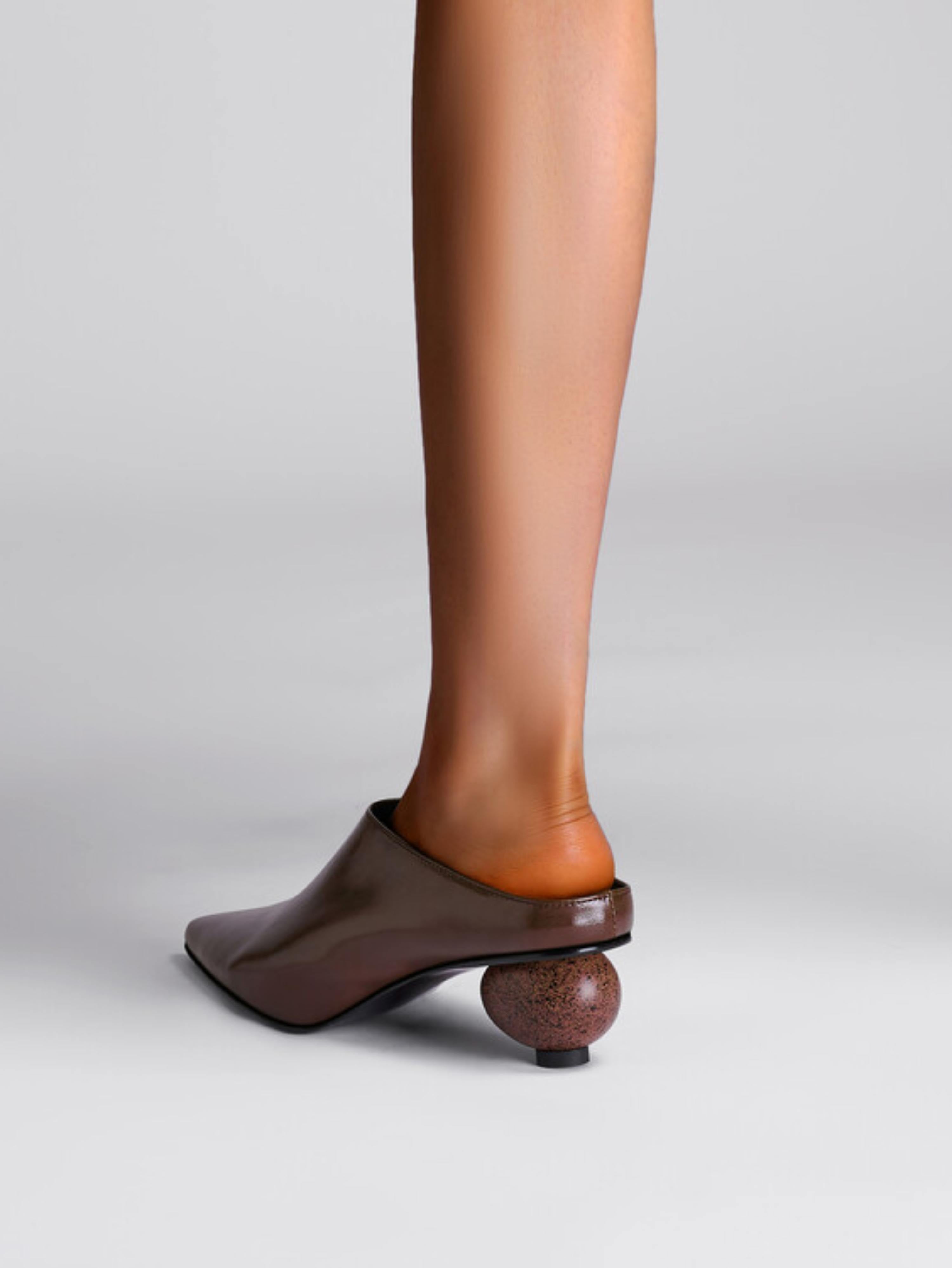 Glossy Brown Mules with Sculptural Wooden Heel Women's Sandals