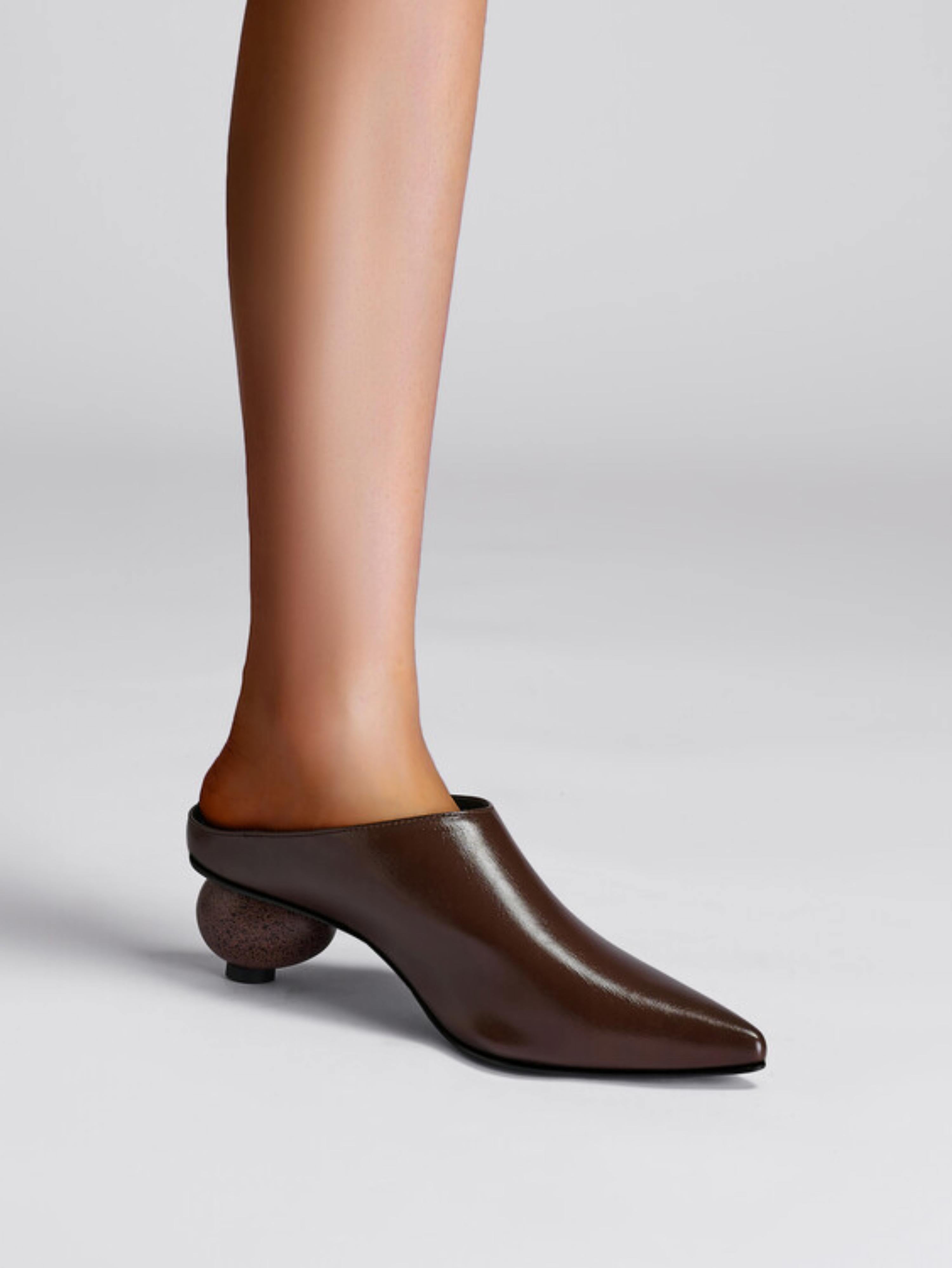 Glossy Brown Mules with Sculptural Wooden Heel Women's Sandals