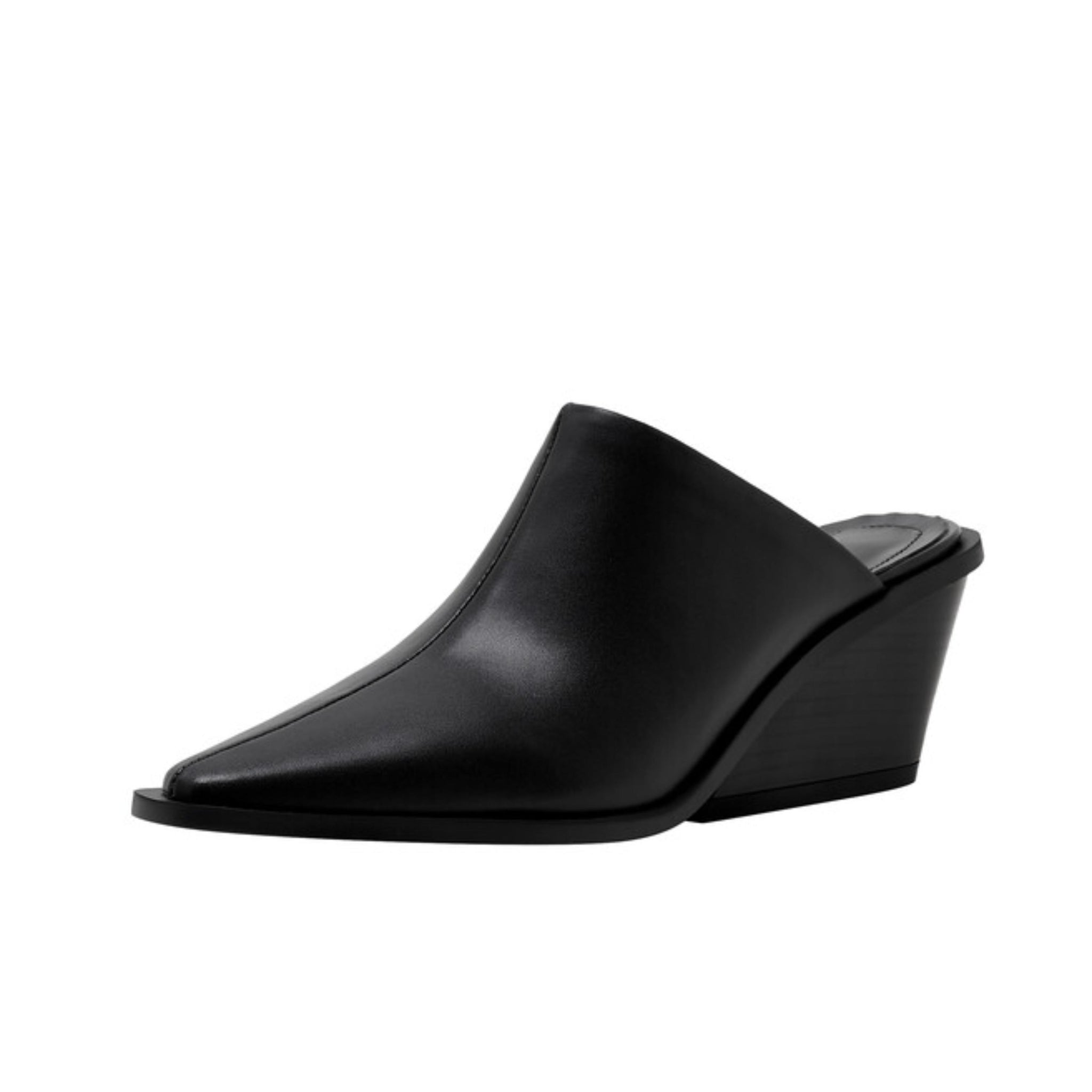 Slip-On Black Leather Block Heel Sandals for Women