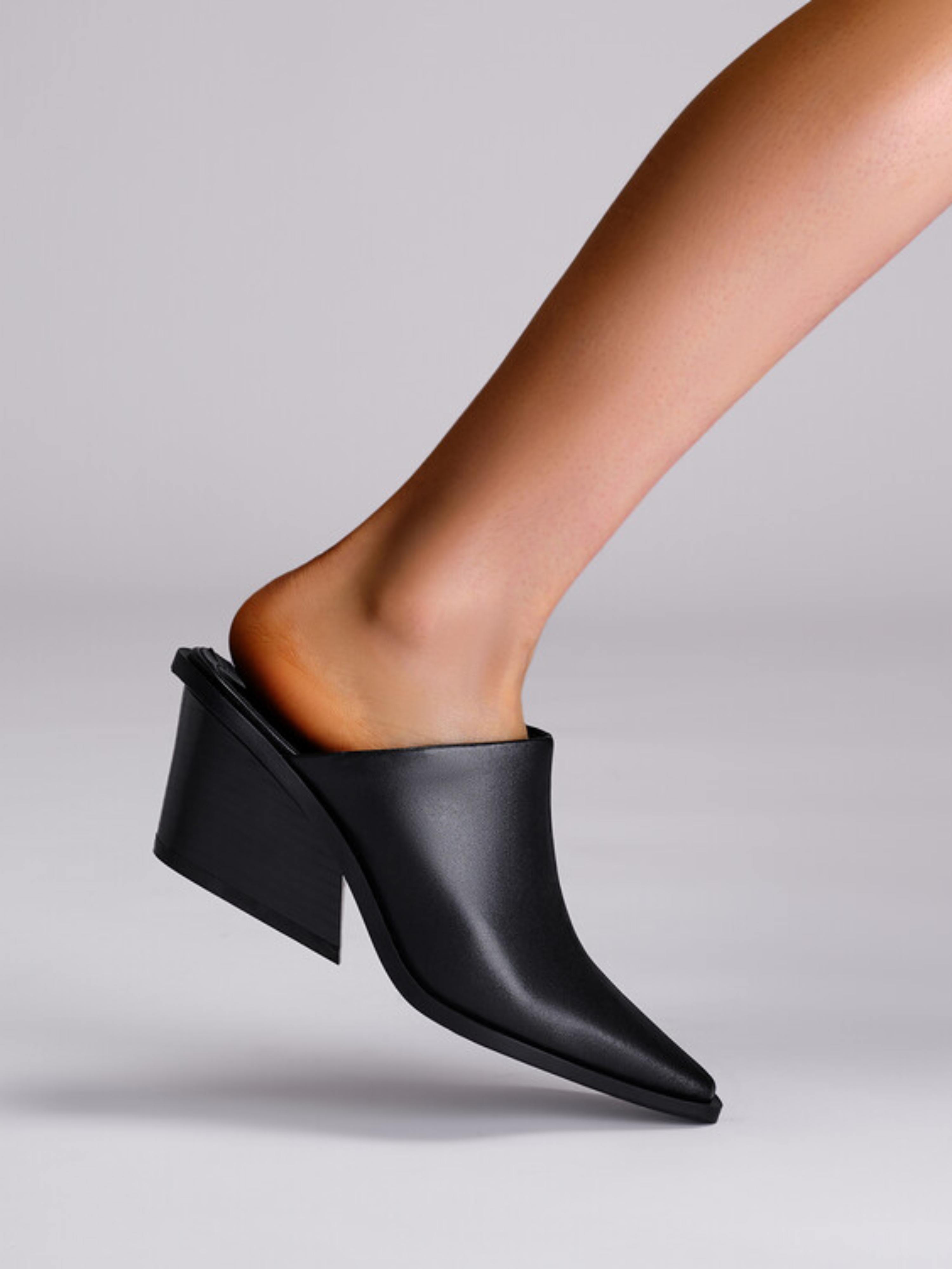 Slip-On Black Leather Block Heel Sandals for Women