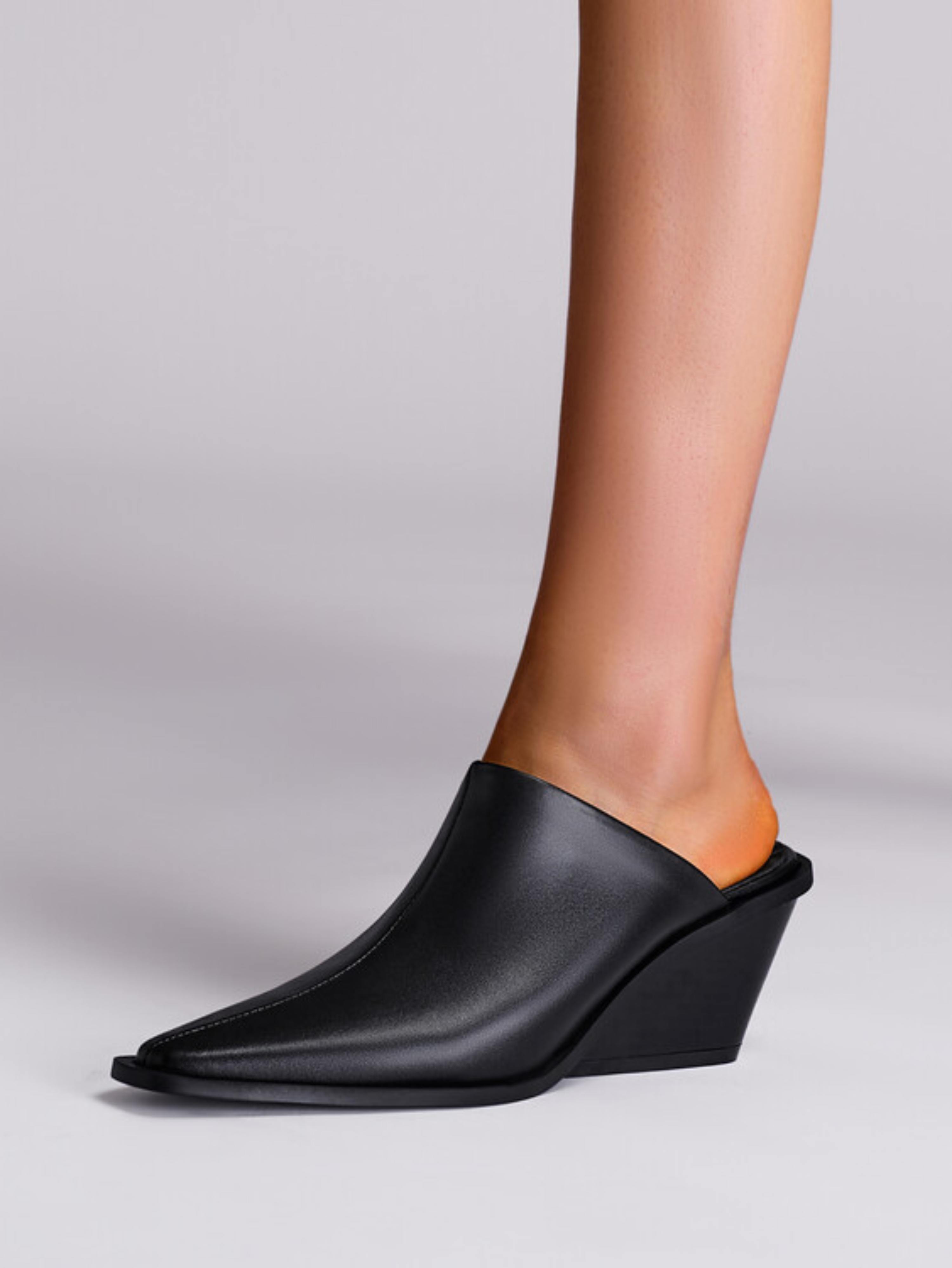 Slip-On Black Leather Block Heel Sandals for Women