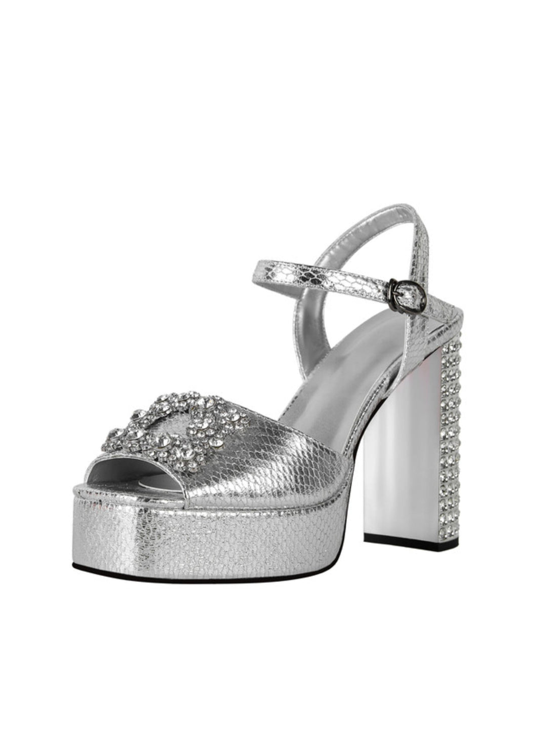 Silver platform sandal with rhinestone embellishments