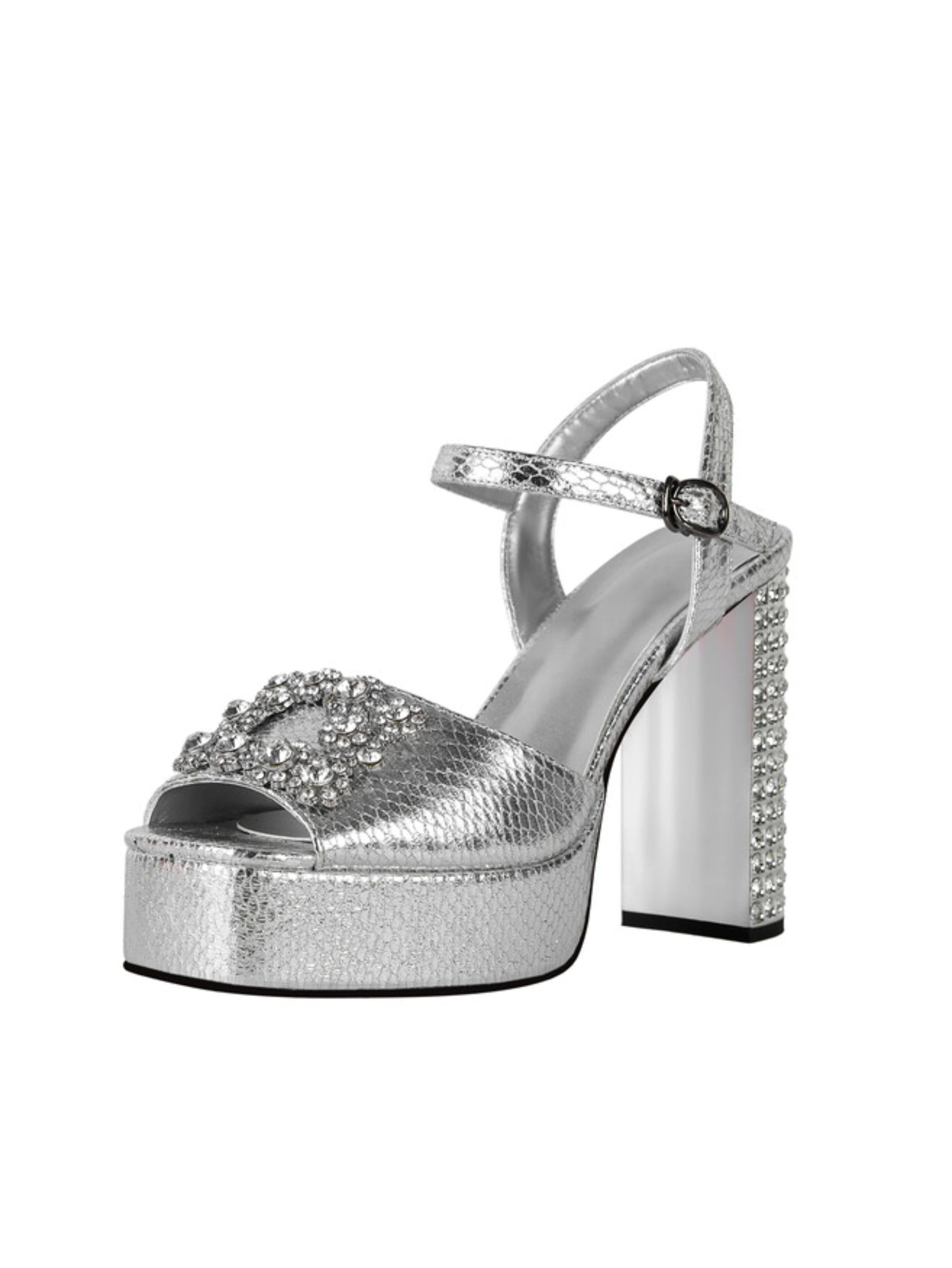 Silver platform sandal with rhinestone embellishments
