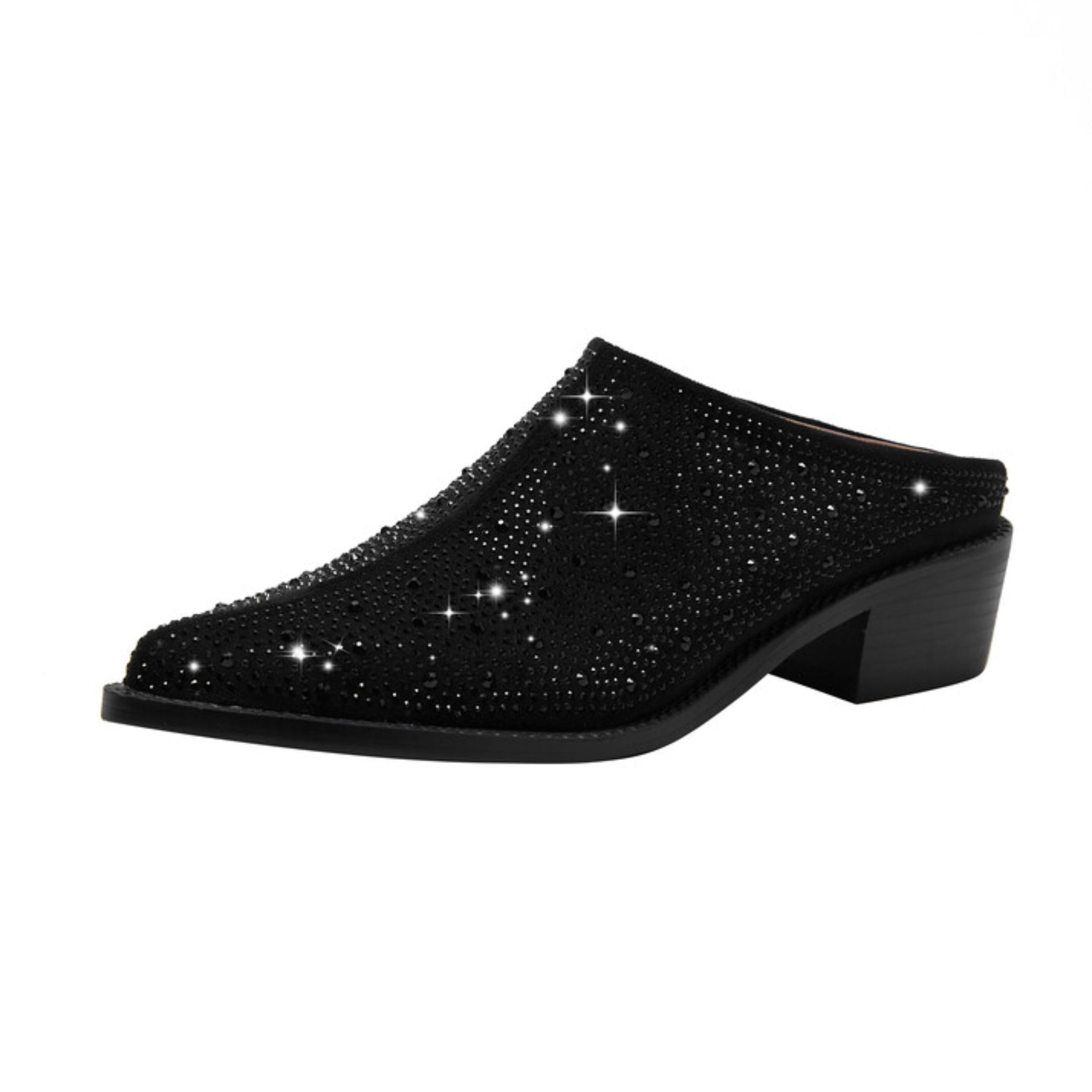 Pointed Toe Heels with All-Over Rhinestones Black Sandals for Women