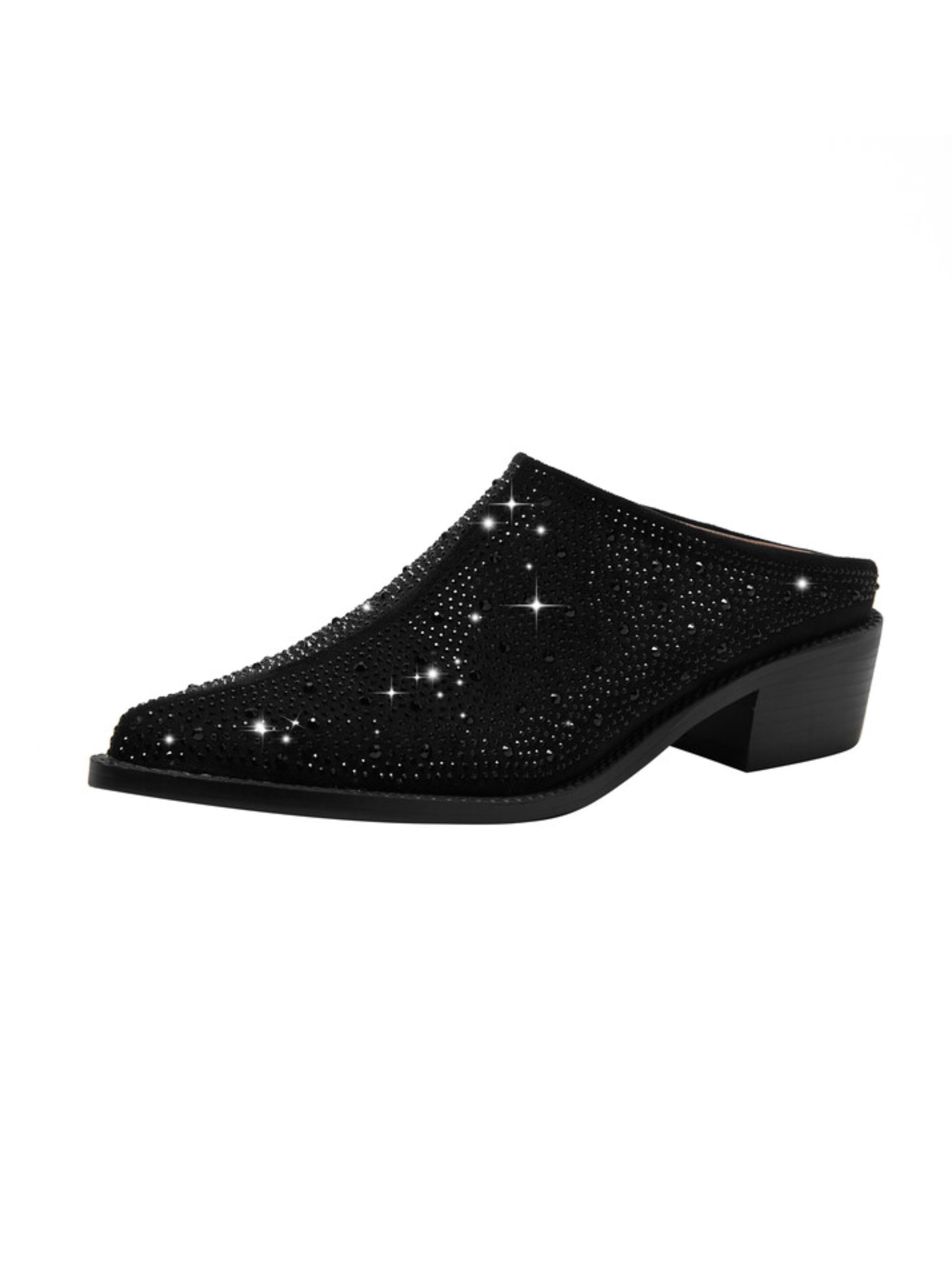 Pointed Toe Heels with All-Over Rhinestones Black Sandals for Women