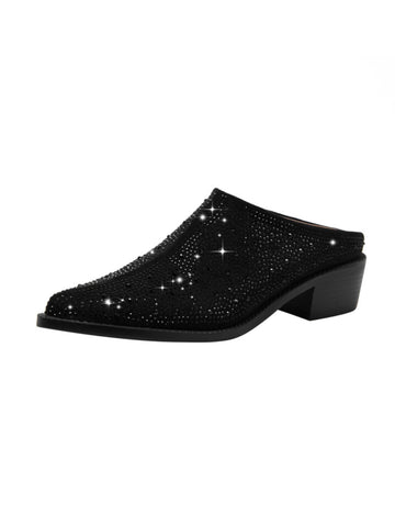 Pointed Toe Heels with All-Over Rhinestones Black Sandals for Women