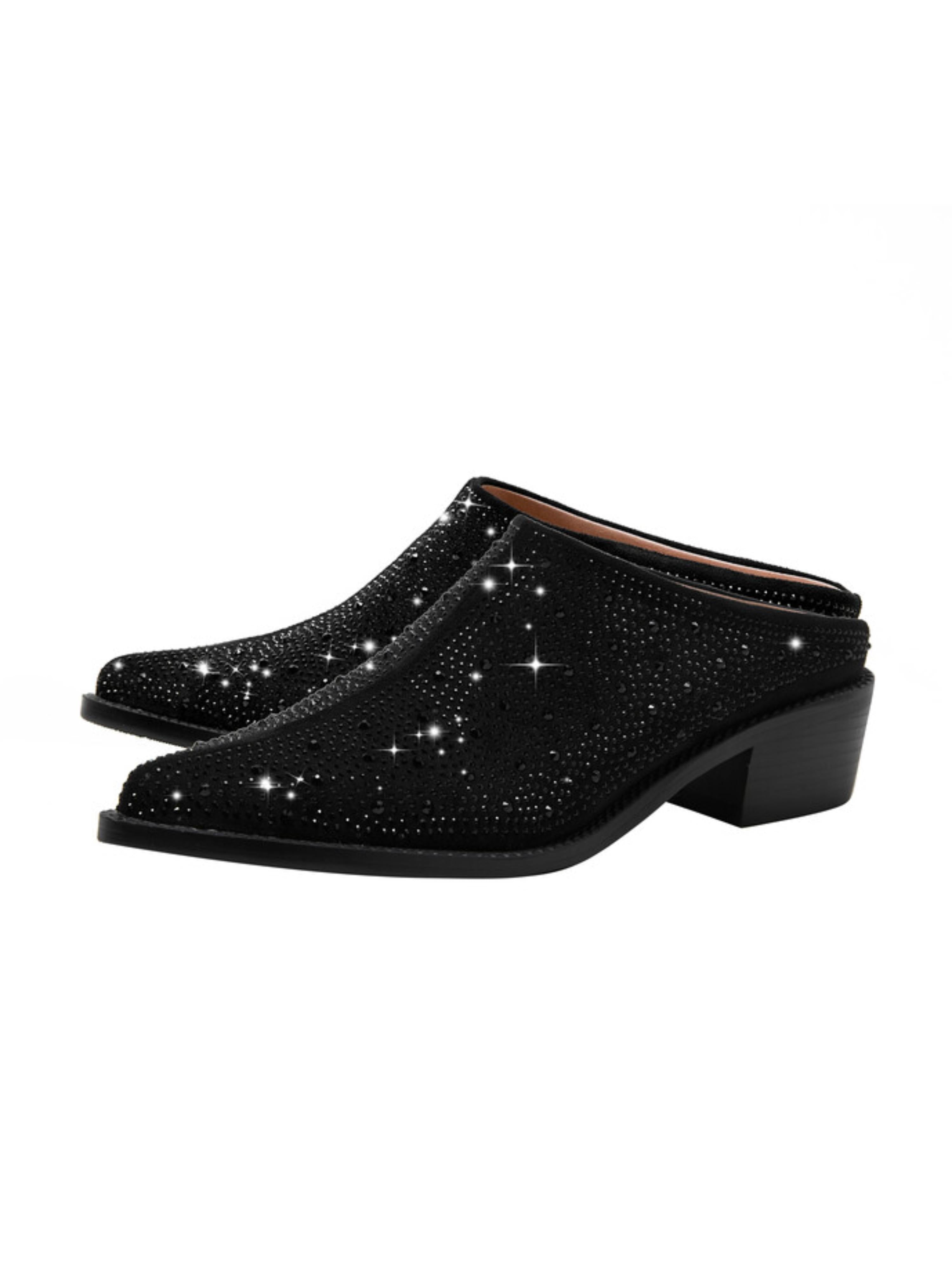 Pointed Toe Heels with All-Over Rhinestones Black Sandals for Women