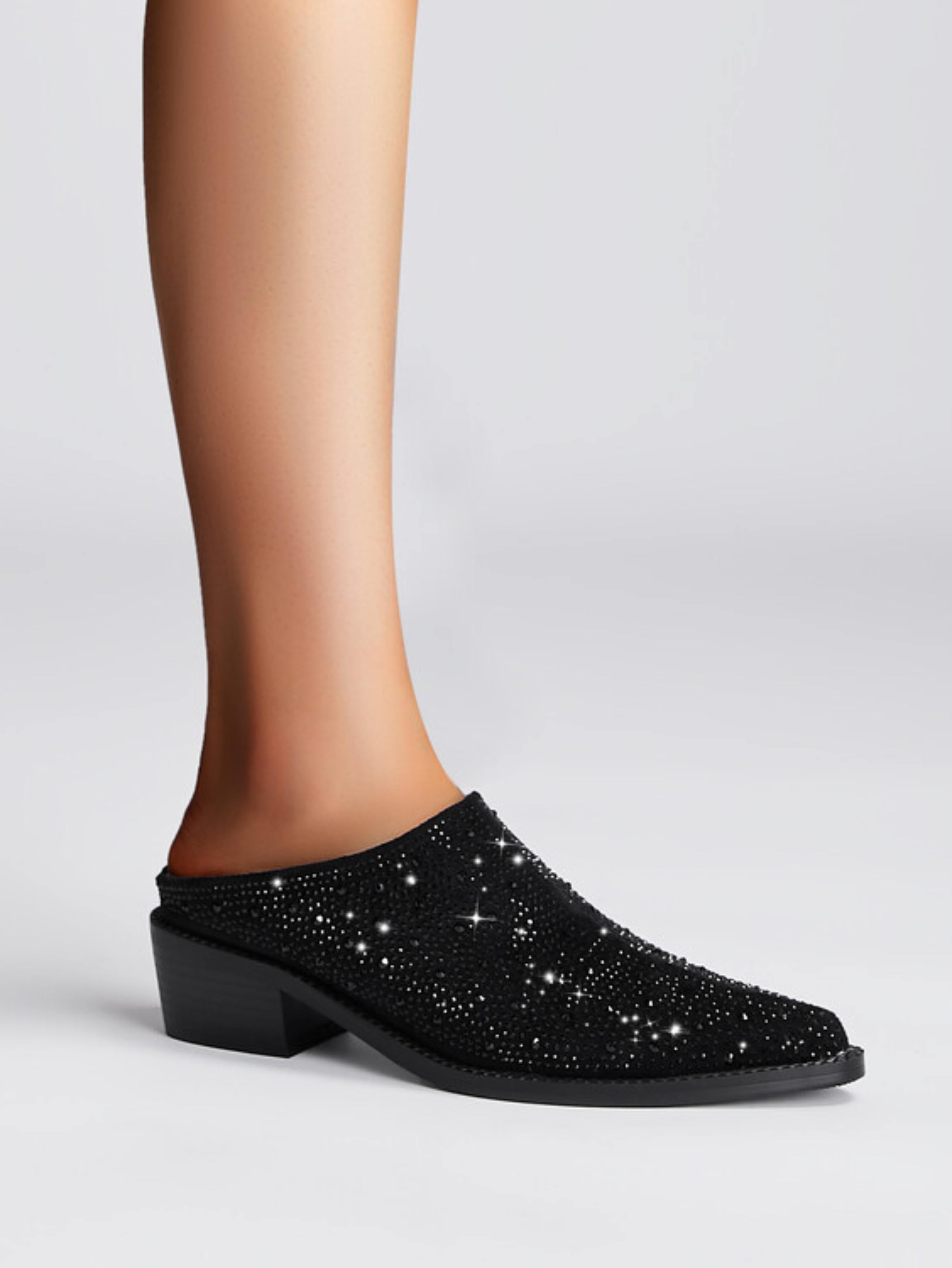 Pointed Toe Heels with All-Over Rhinestones Black Sandals for Women