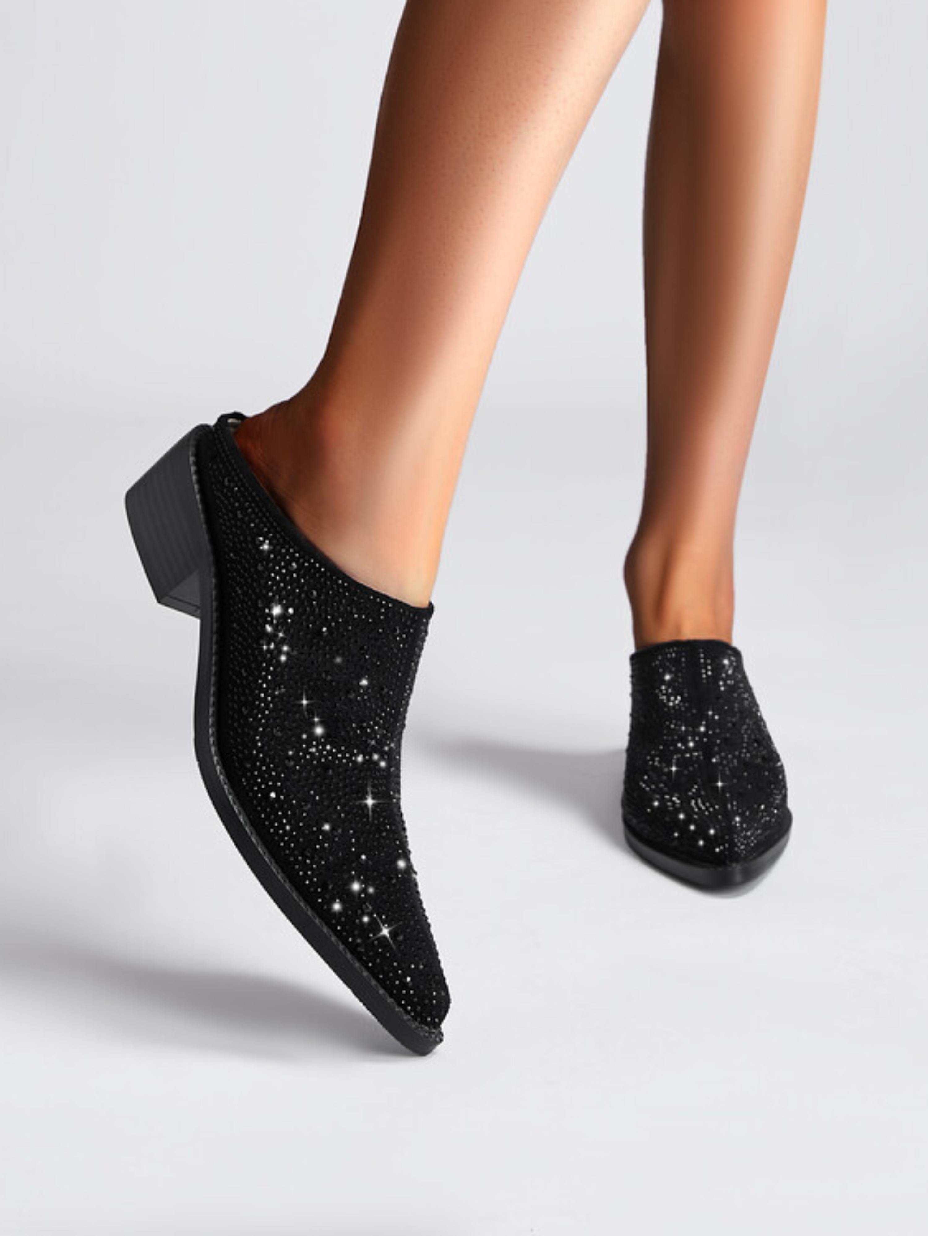 Pointed Toe Heels with All-Over Rhinestones Black Sandals for Women