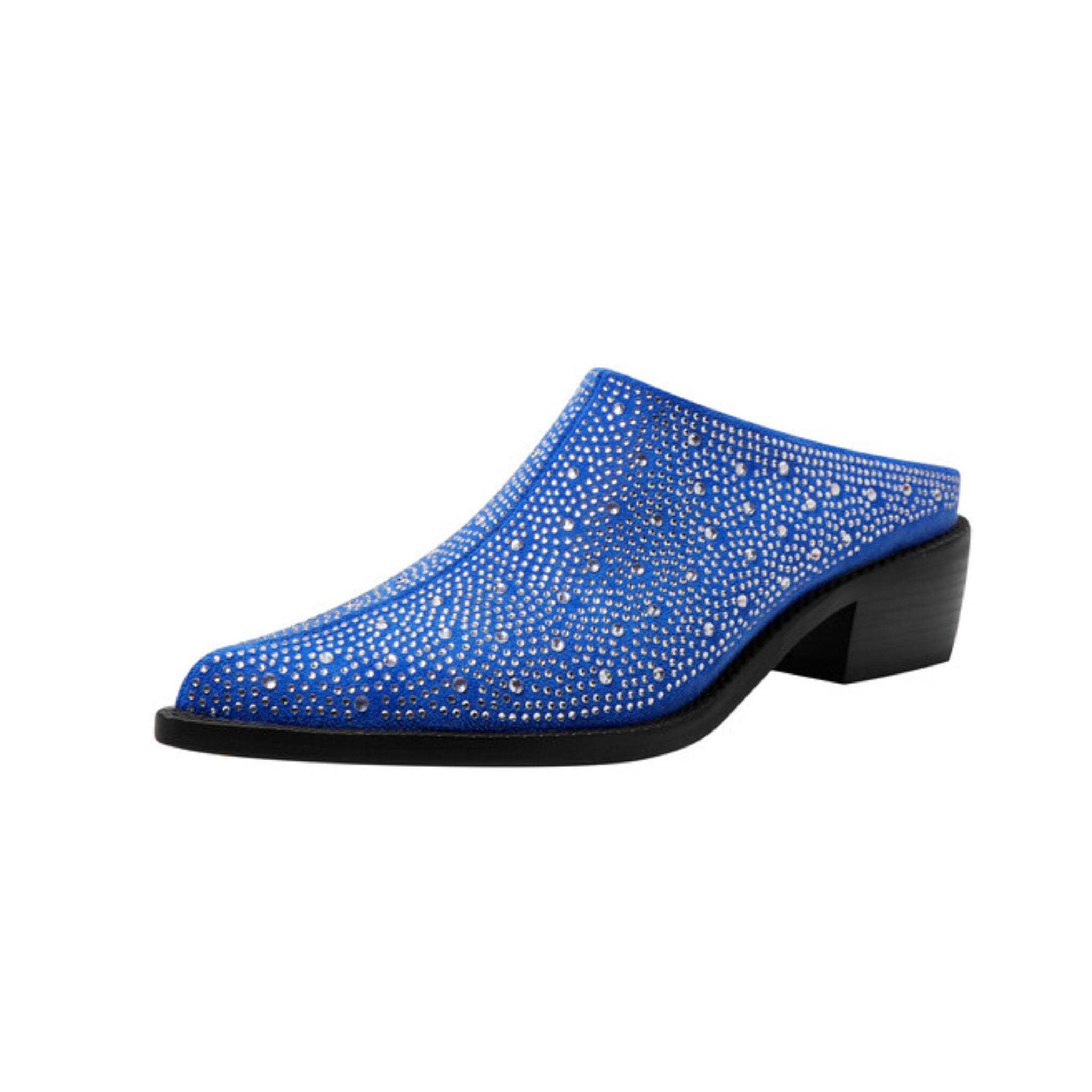 Blue Rhinestone Mule with Block Low Heel Sandals for Women