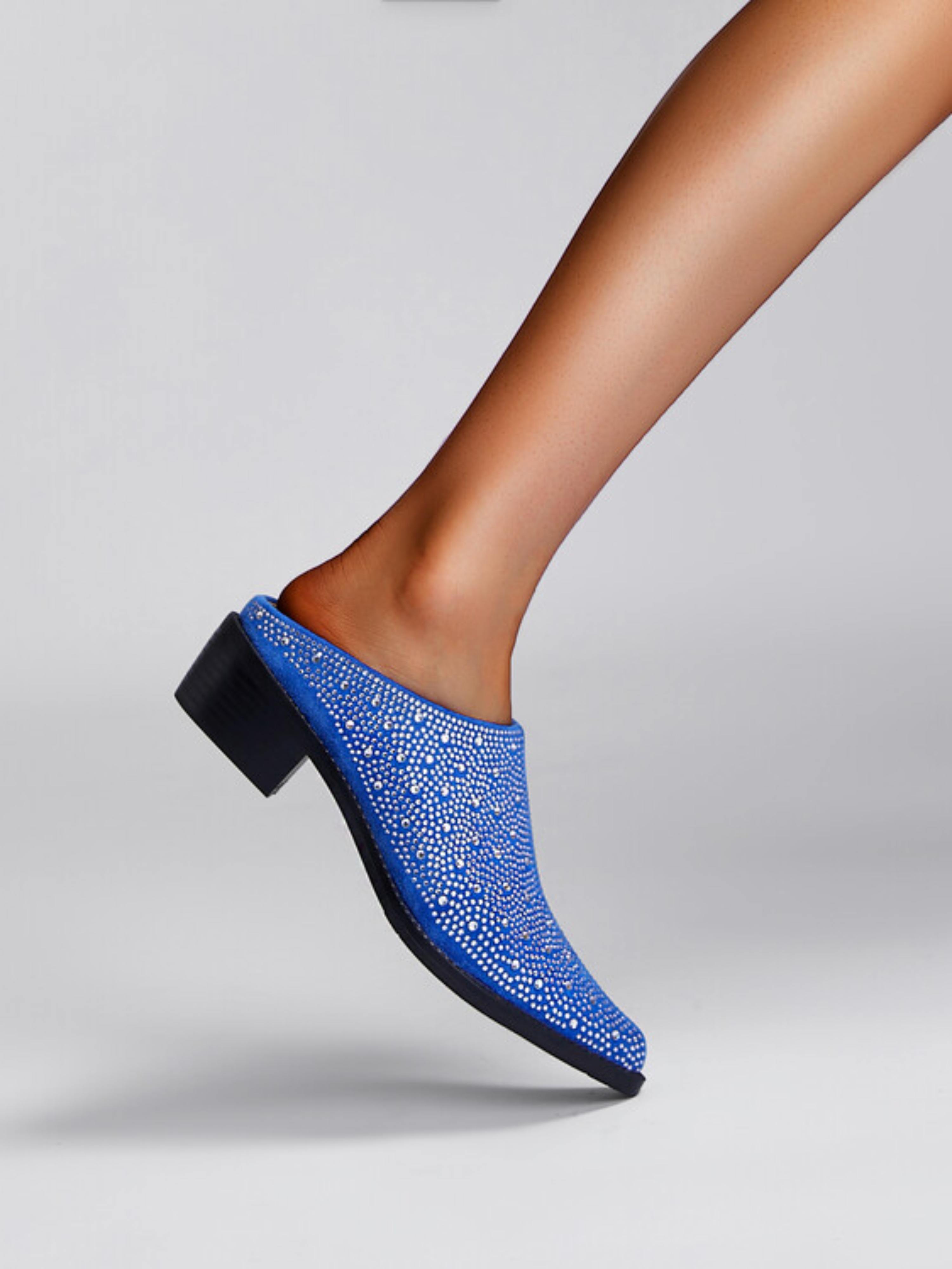 Blue Rhinestone Mule with Block Low Heel Sandals for Women