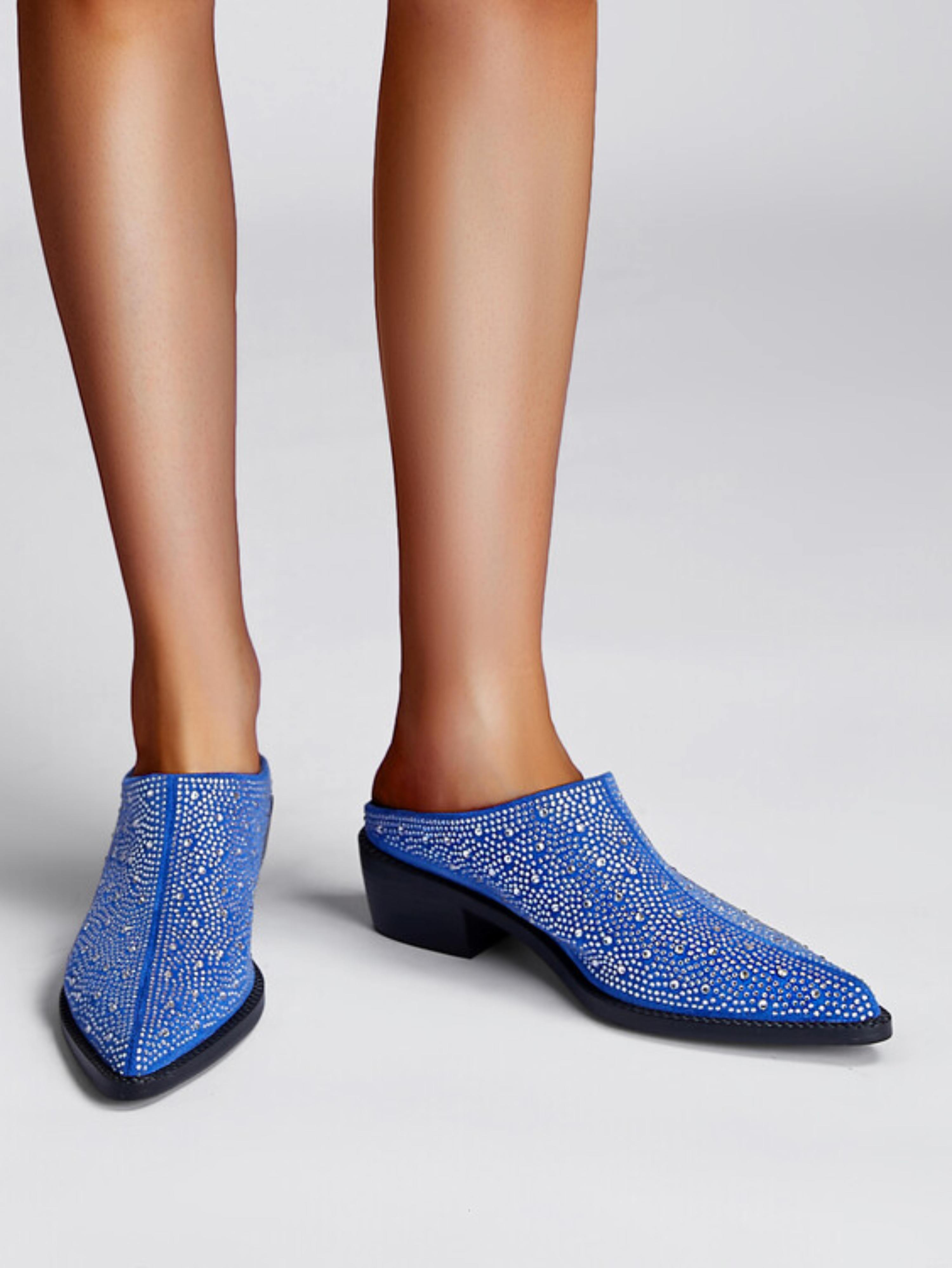 Blue Rhinestone Mule with Block Low Heel Sandals for Women