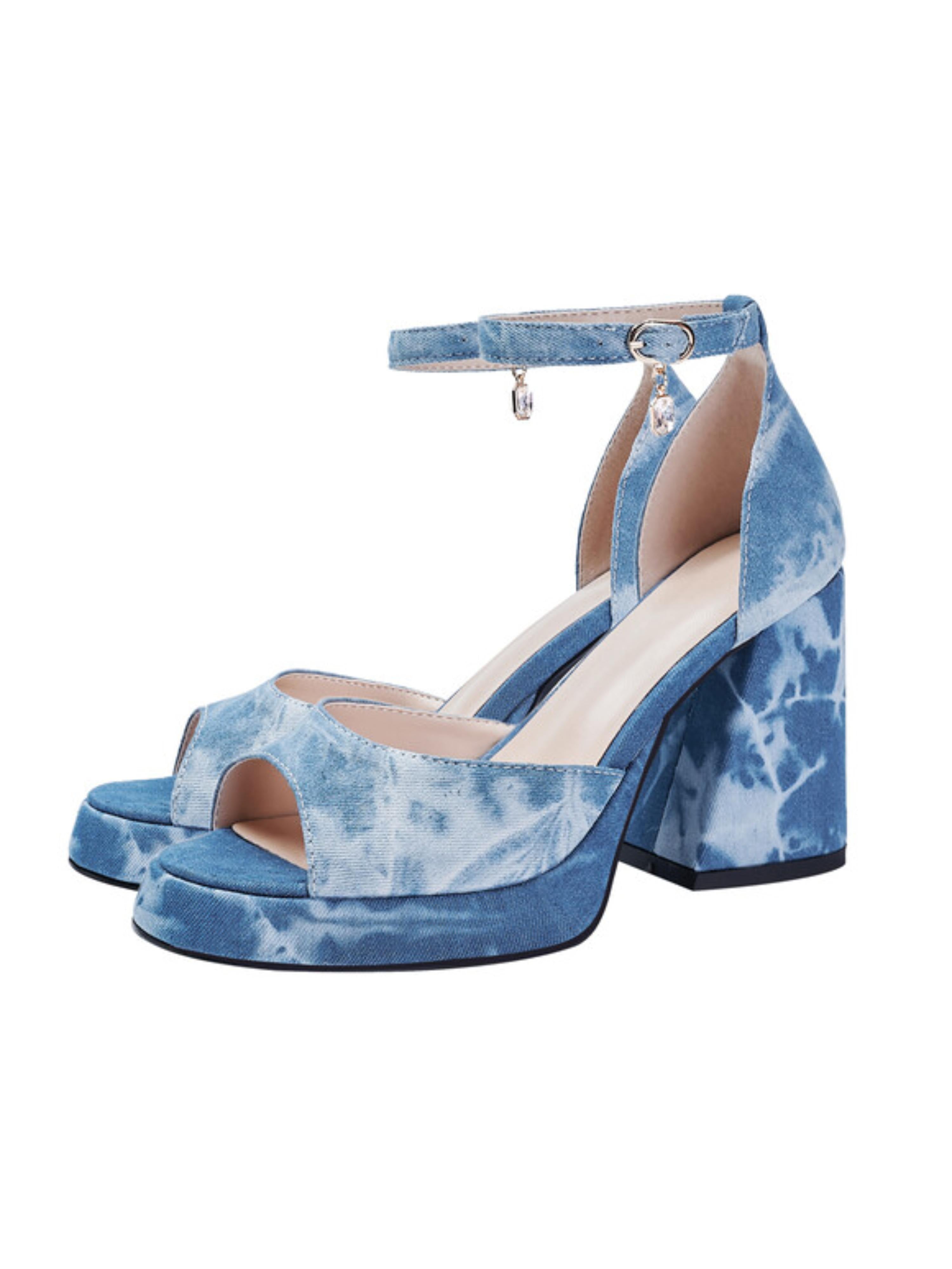 Tie-Dye Denim Block Heel Blue Sandals for Women