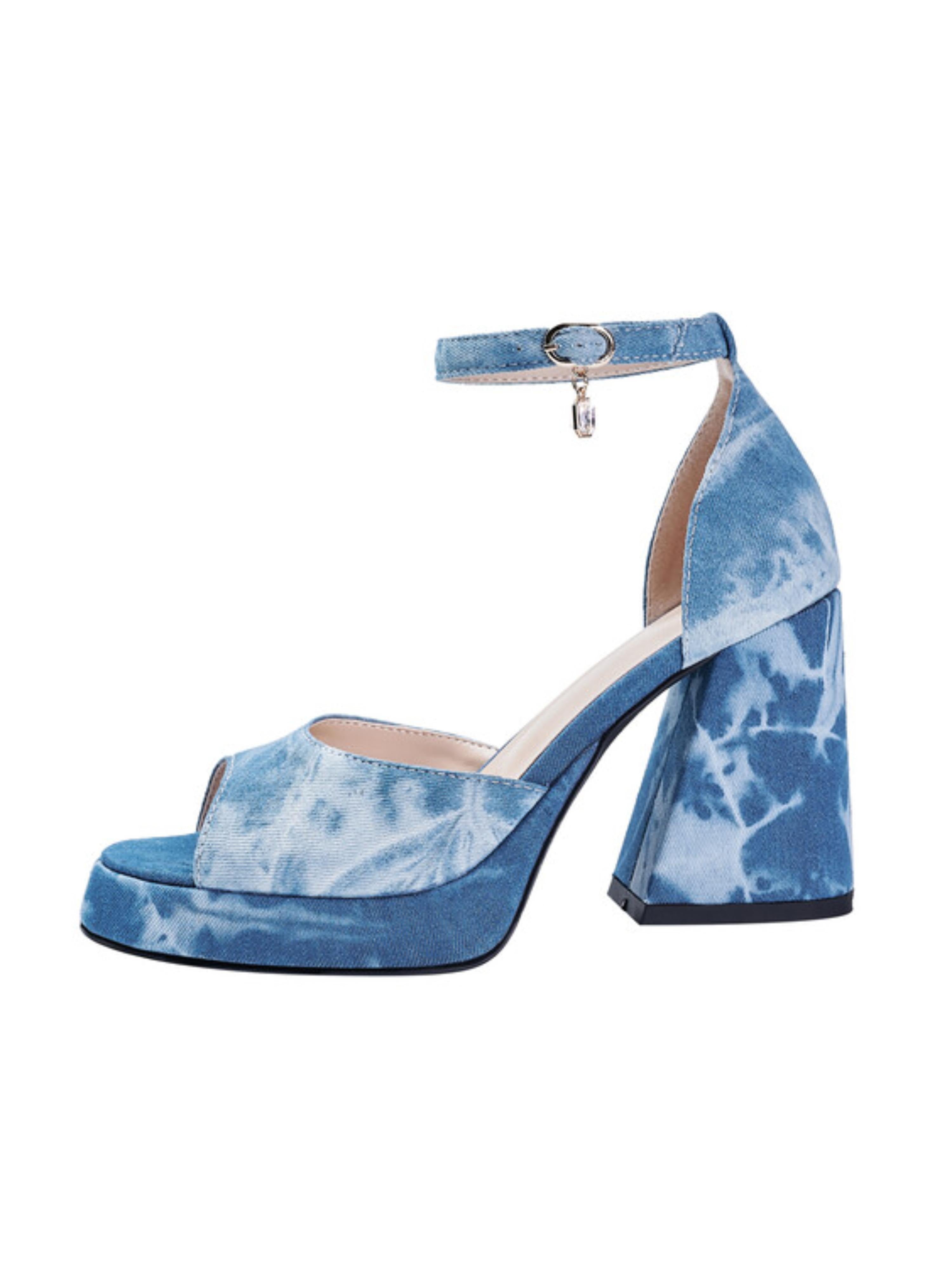 Tie-Dye Denim Block Heel Blue Sandals for Women