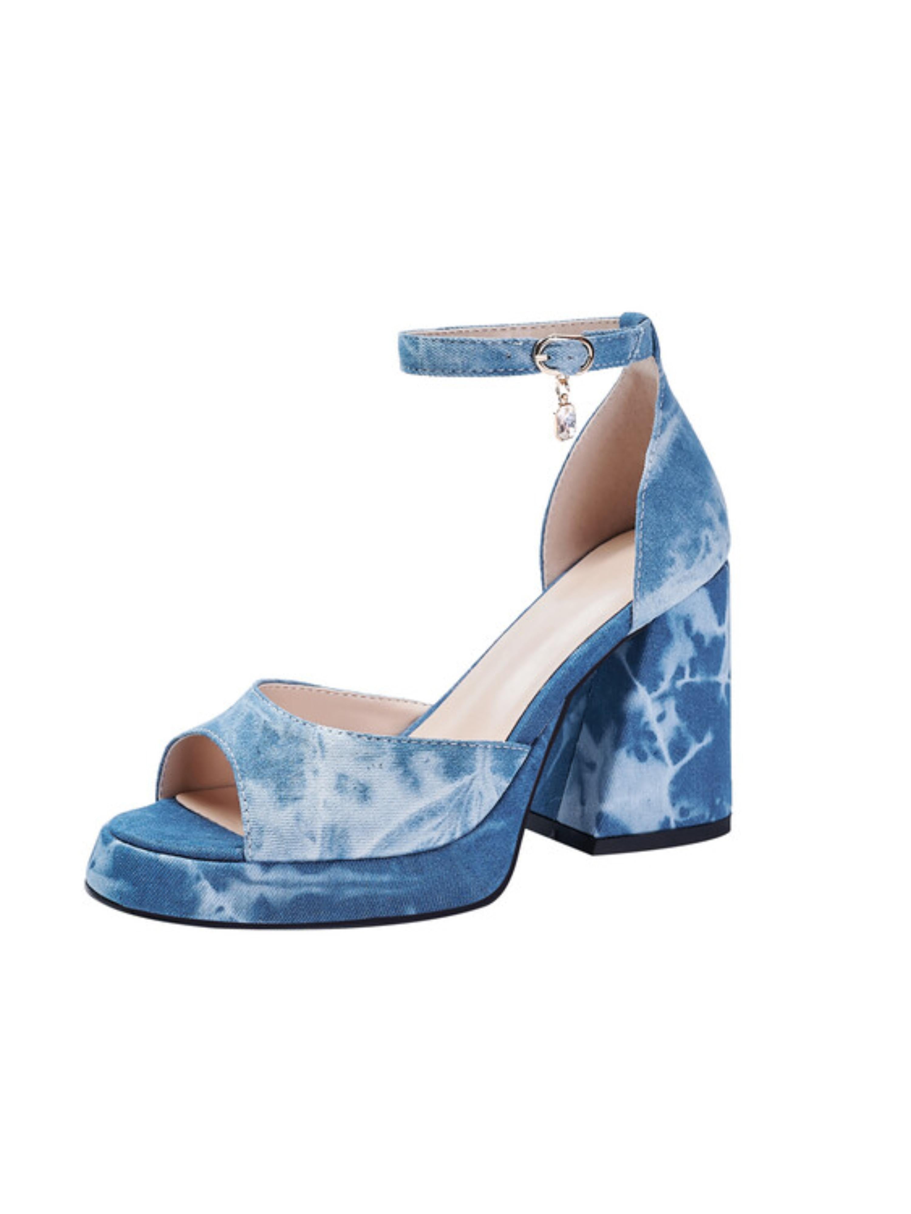 Tie-Dye Denim Block Heel Blue Sandals for Women