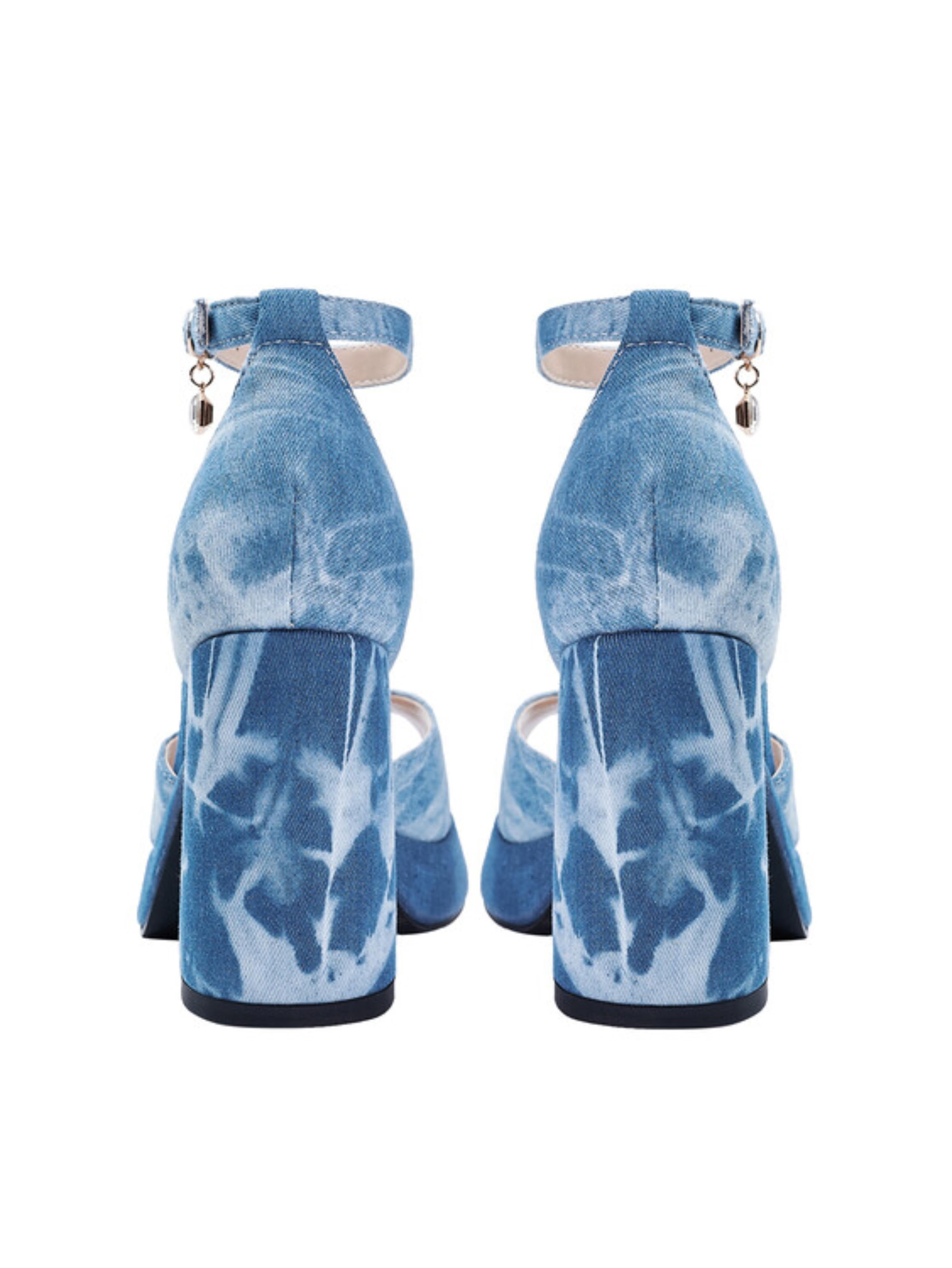 Tie-Dye Denim Block Heel Blue Sandals for Women