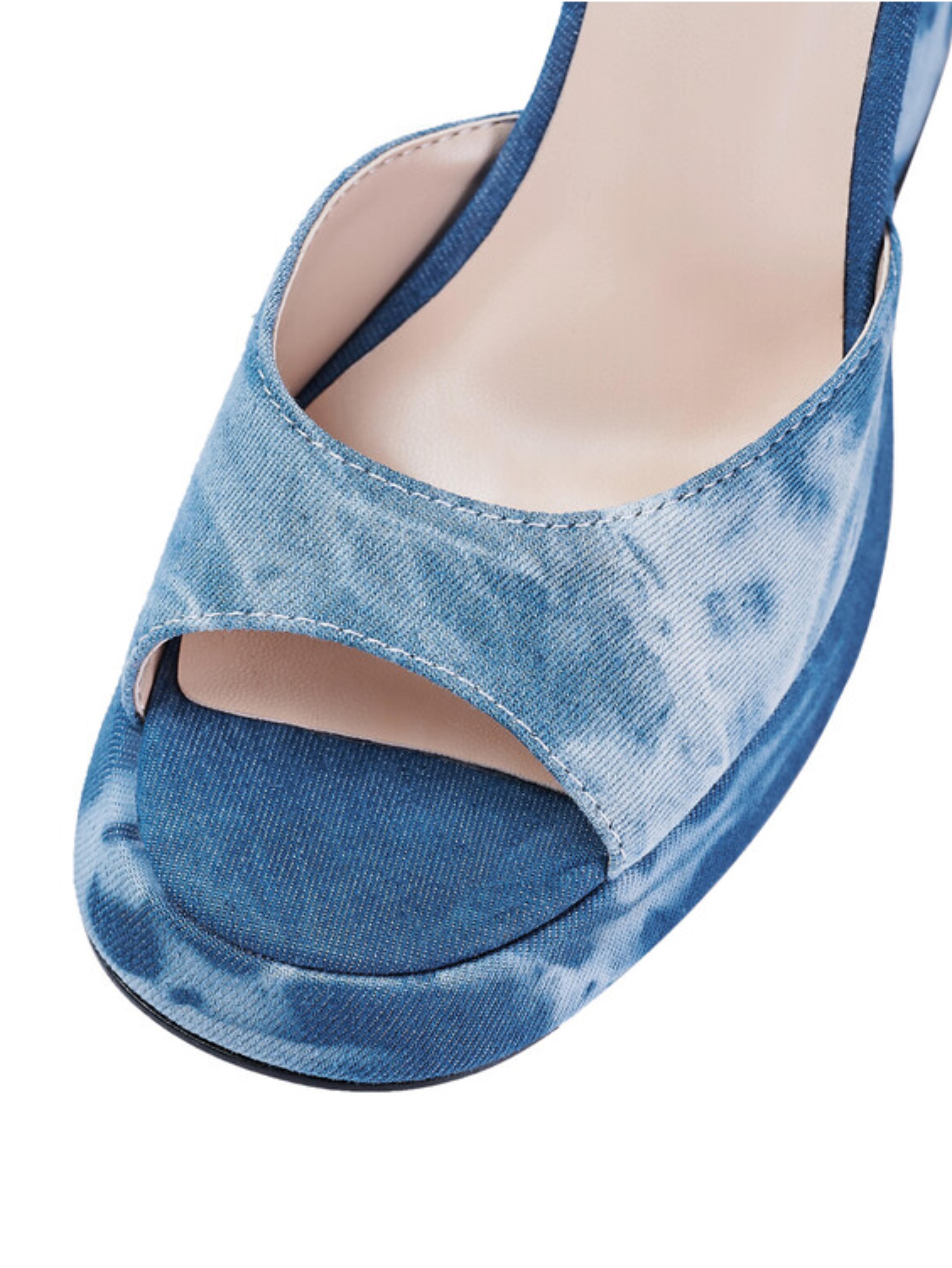 Tie-Dye Denim Block Heel Blue Sandals for Women