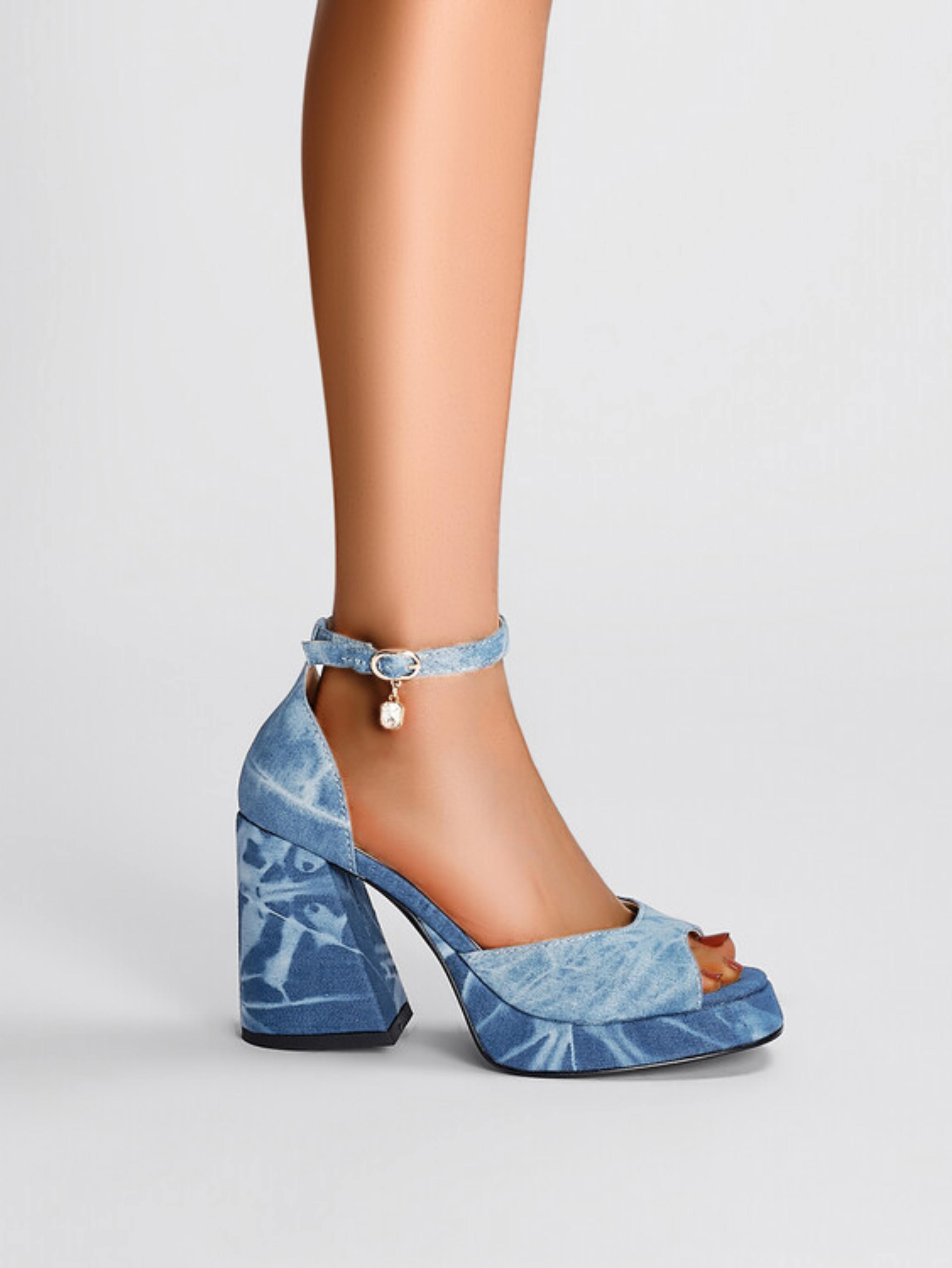 Tie-Dye Denim Block Heel Blue Sandals for Women