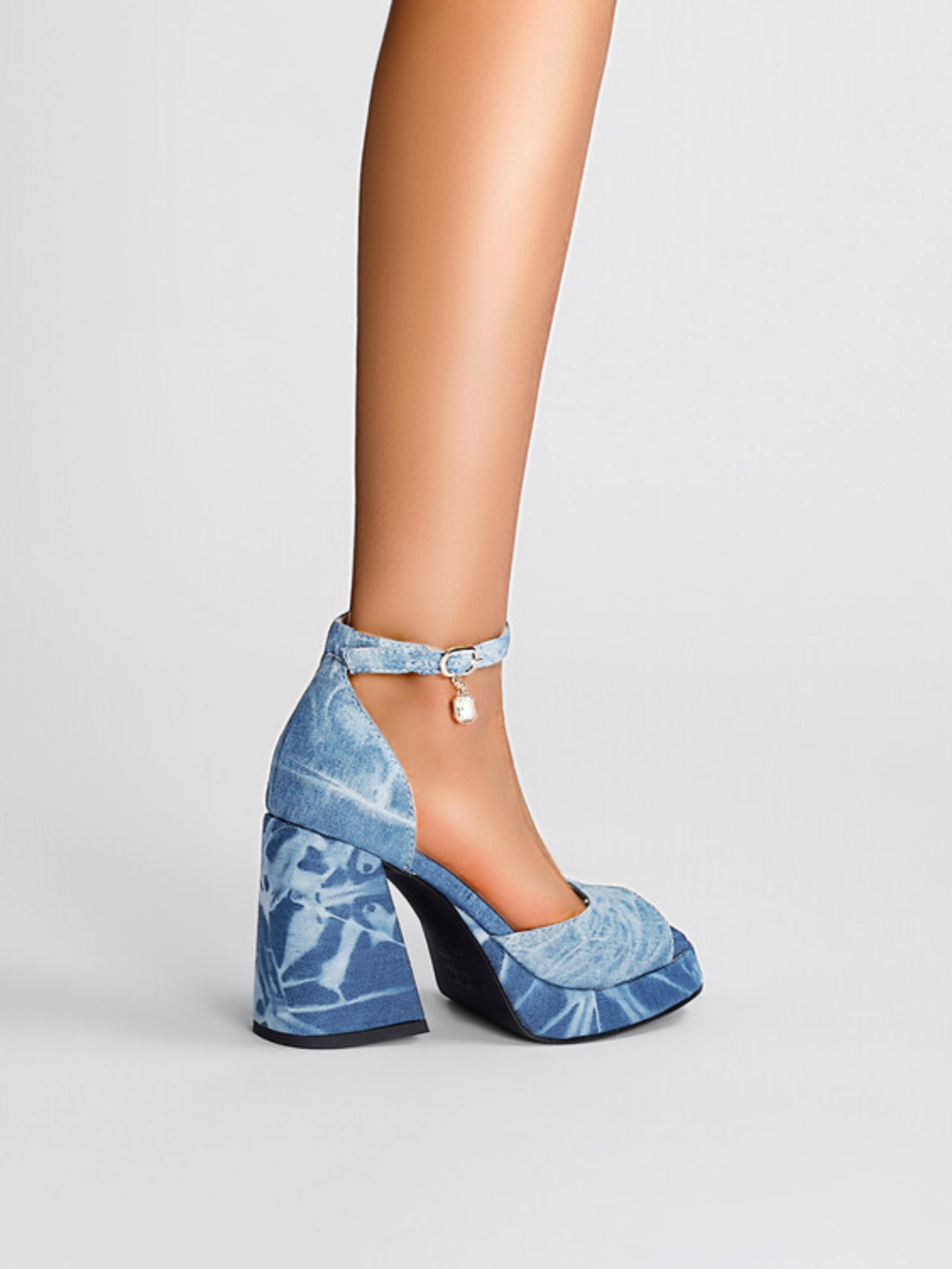 Tie-Dye Denim Block Heel Blue Sandals for Women