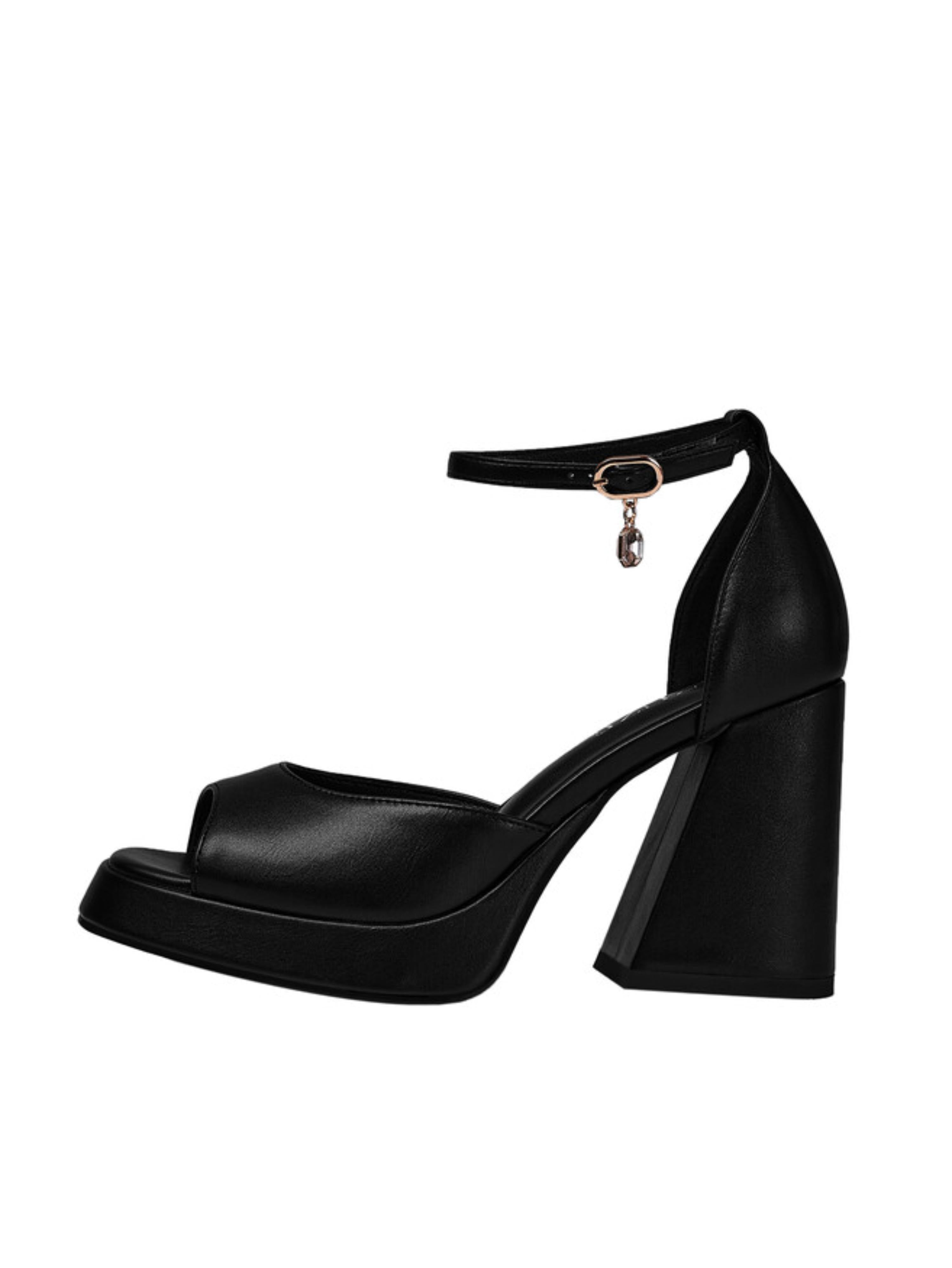 Black Faux Leather Block Heel Sandals for Women
