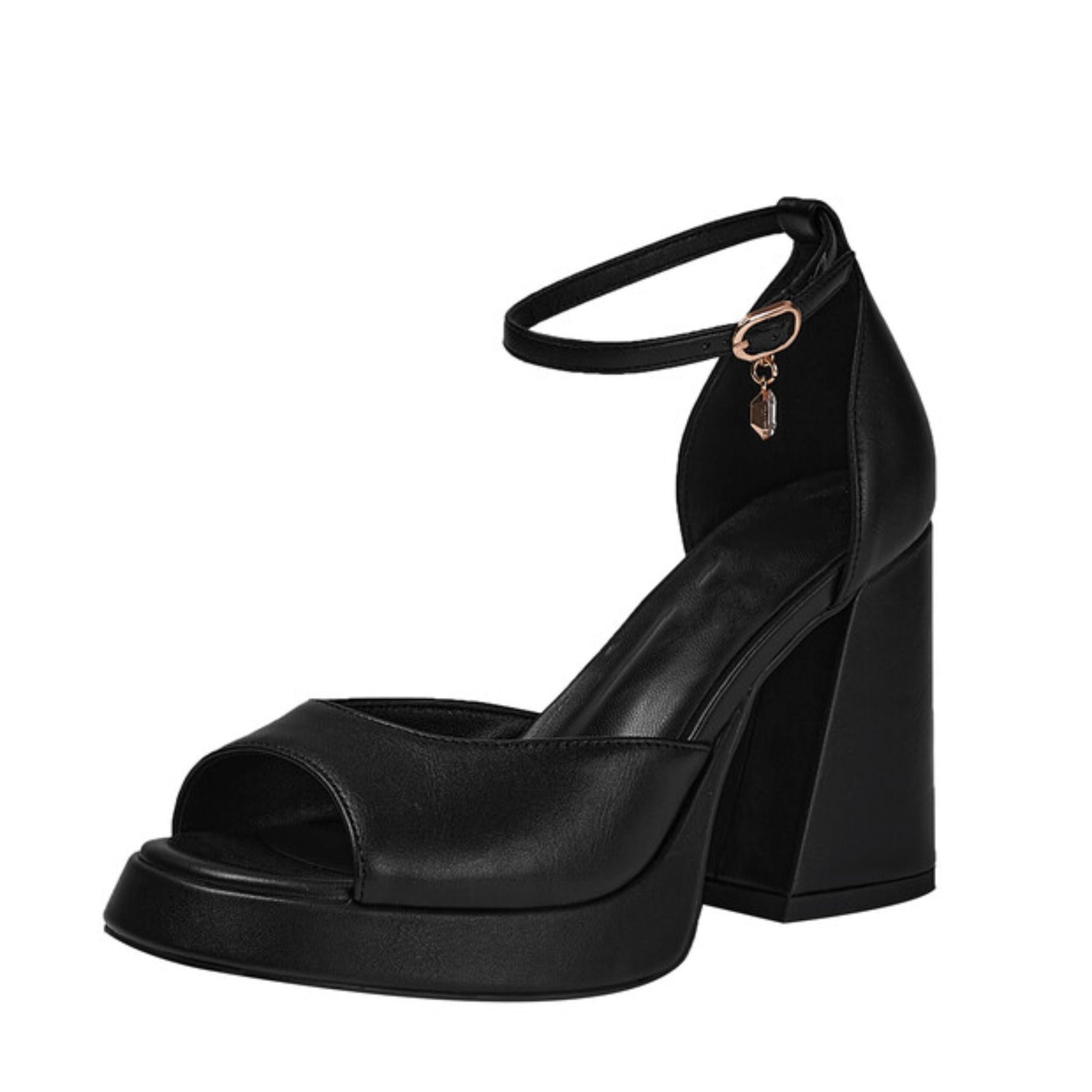 Black Faux Leather Block Heel Sandals for Women