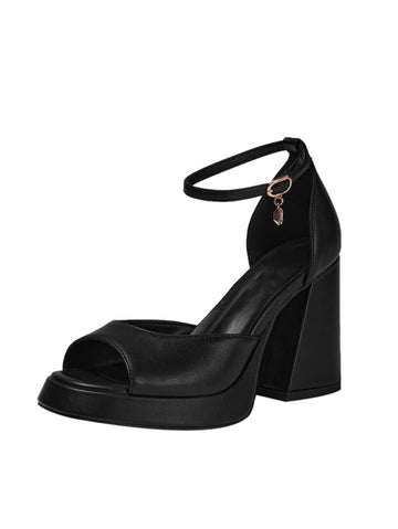 Black Faux Leather Block Heel Sandals for Women