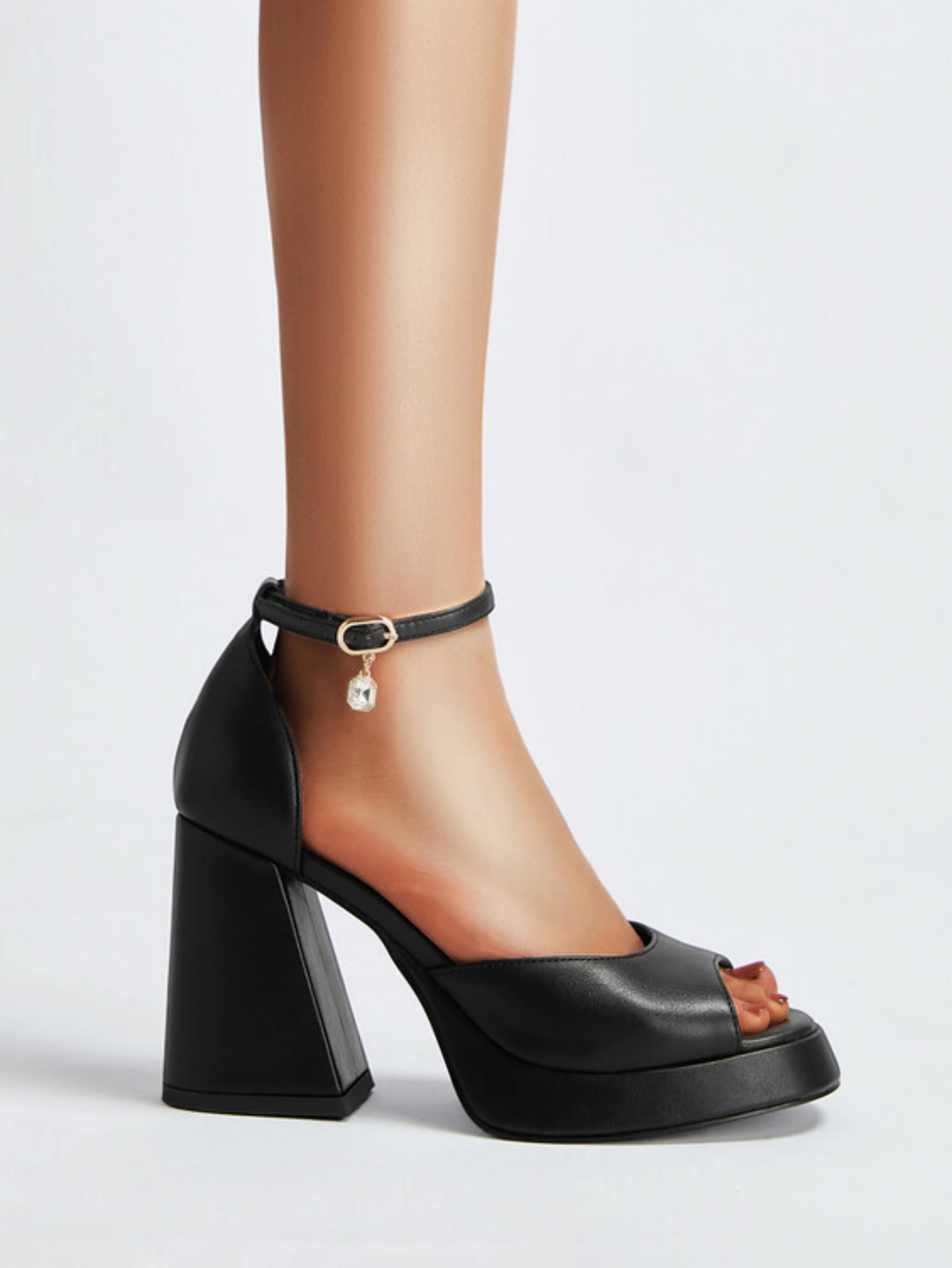Black Faux Leather Block Heel Sandals for Women