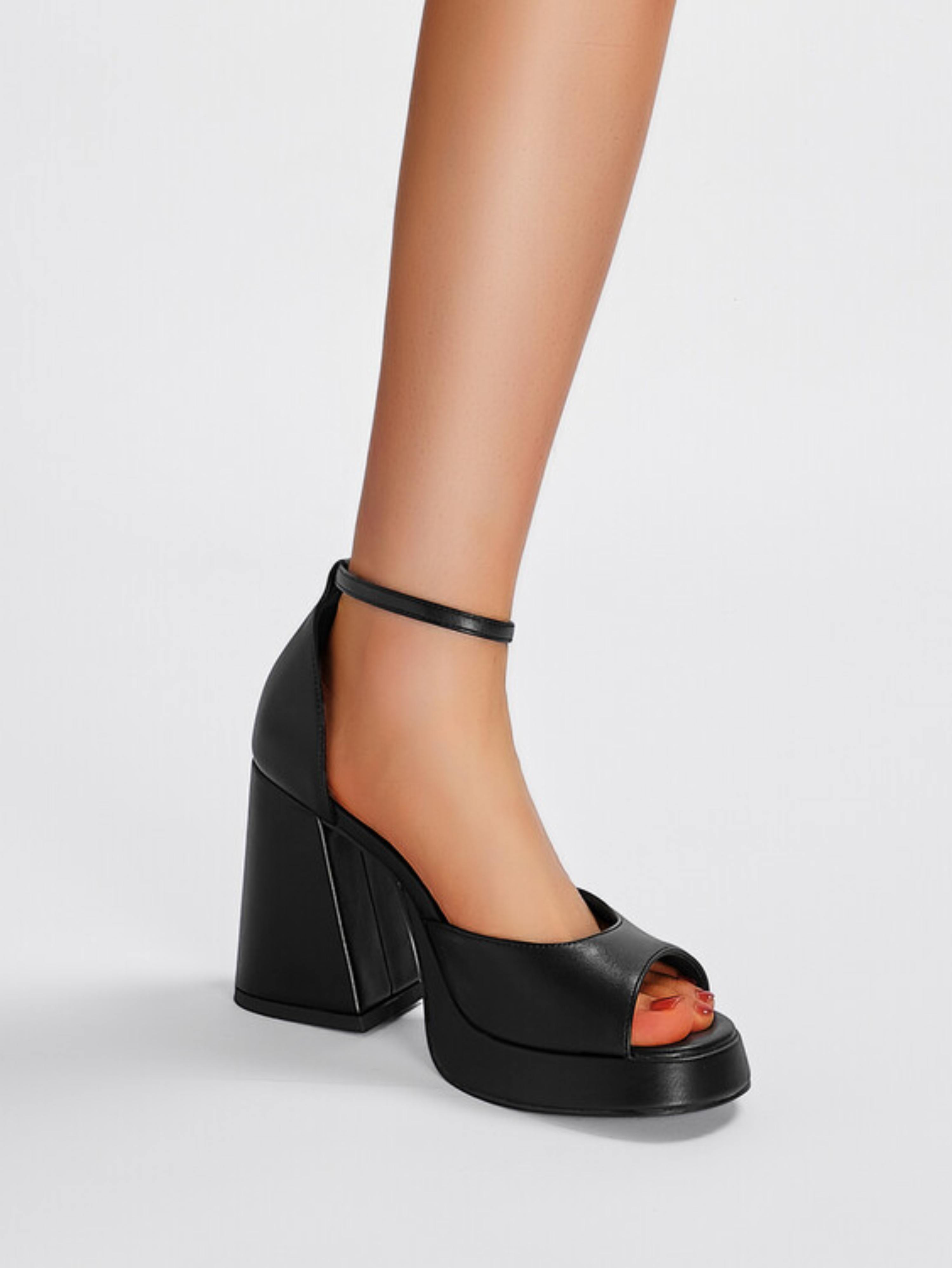 Black Faux Leather Block Heel Sandals for Women