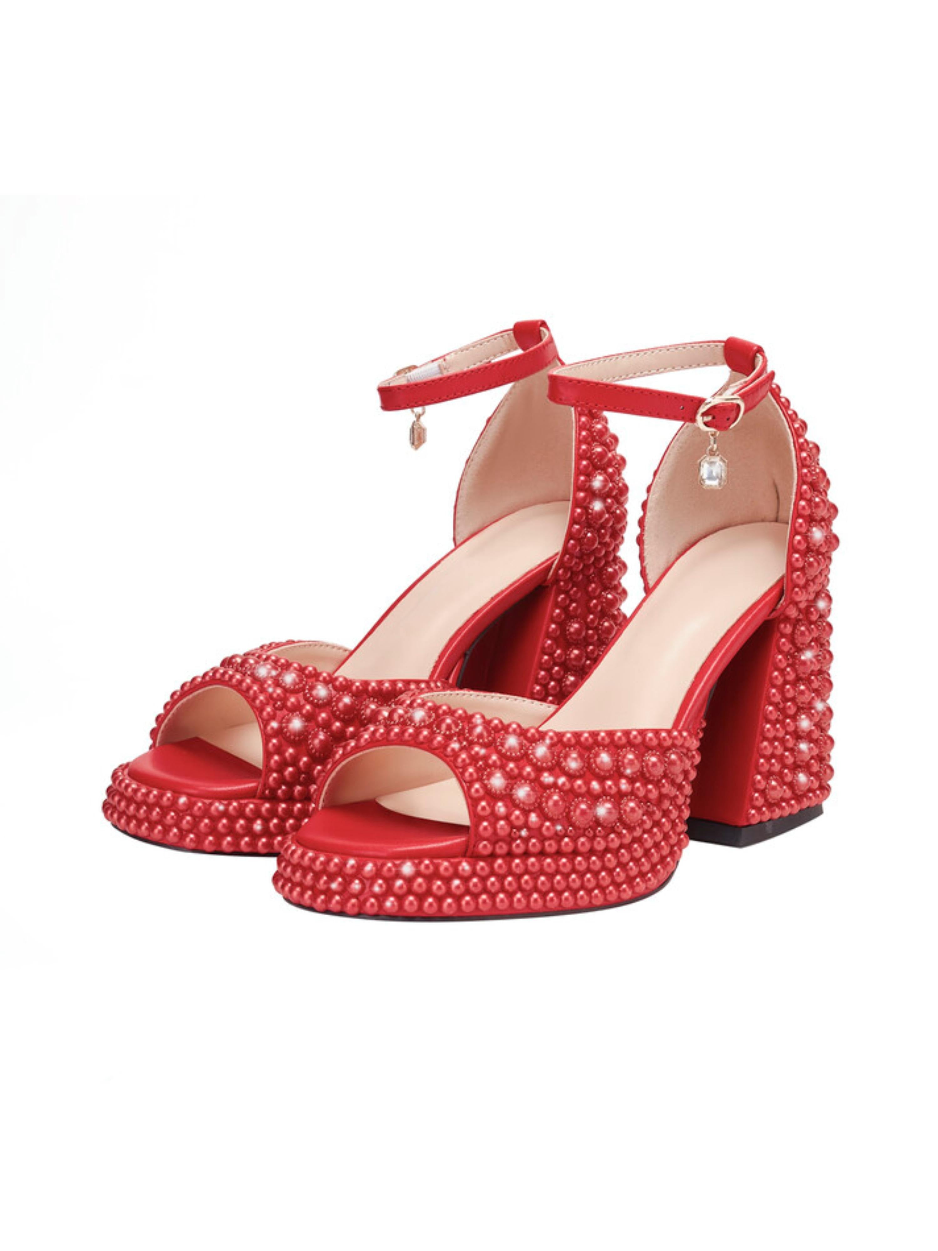 Glamorous Pearl-Stud Red Block Sandals for Women