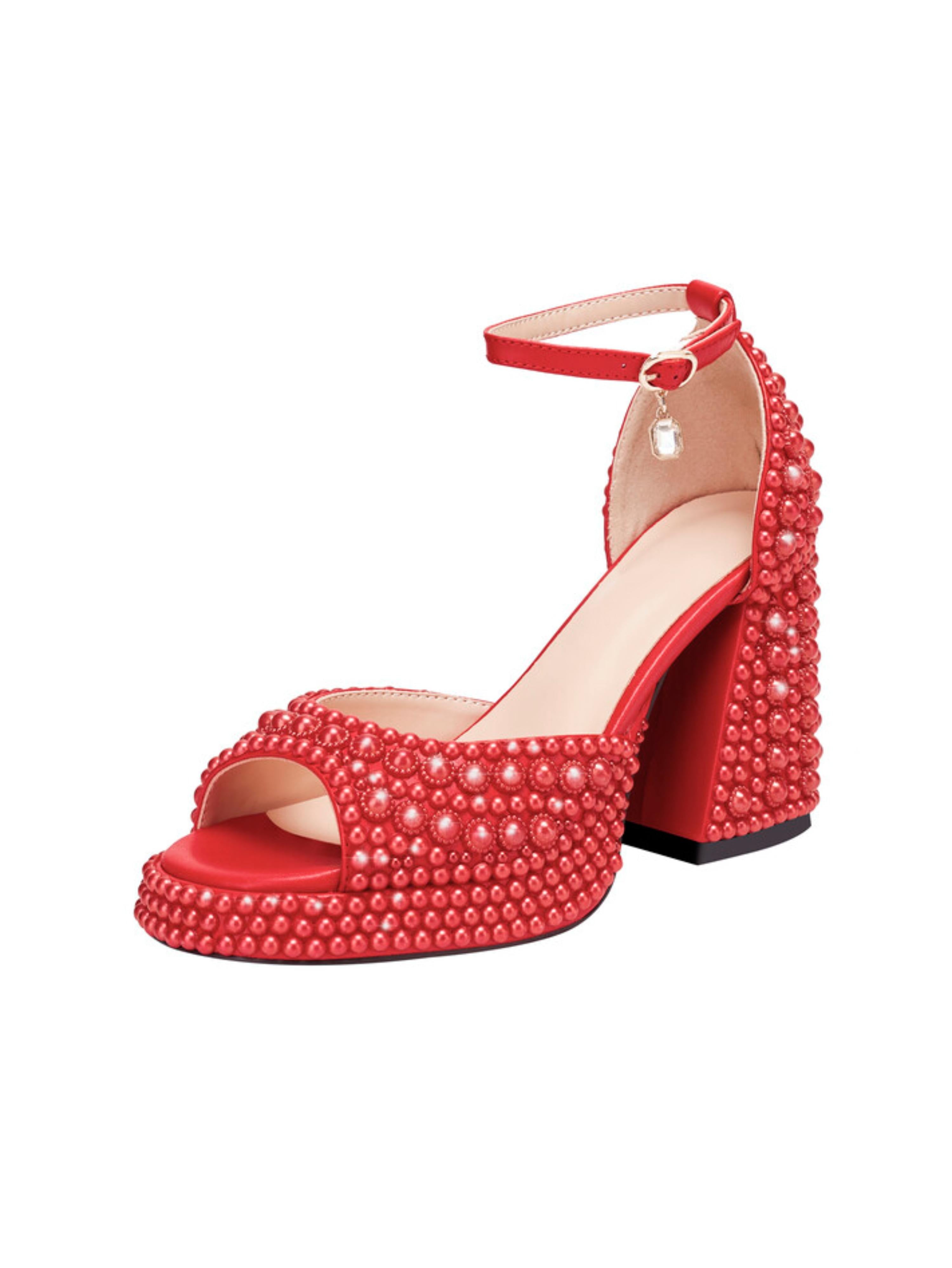 Glamorous Pearl-Stud Red Block Sandals for Women
