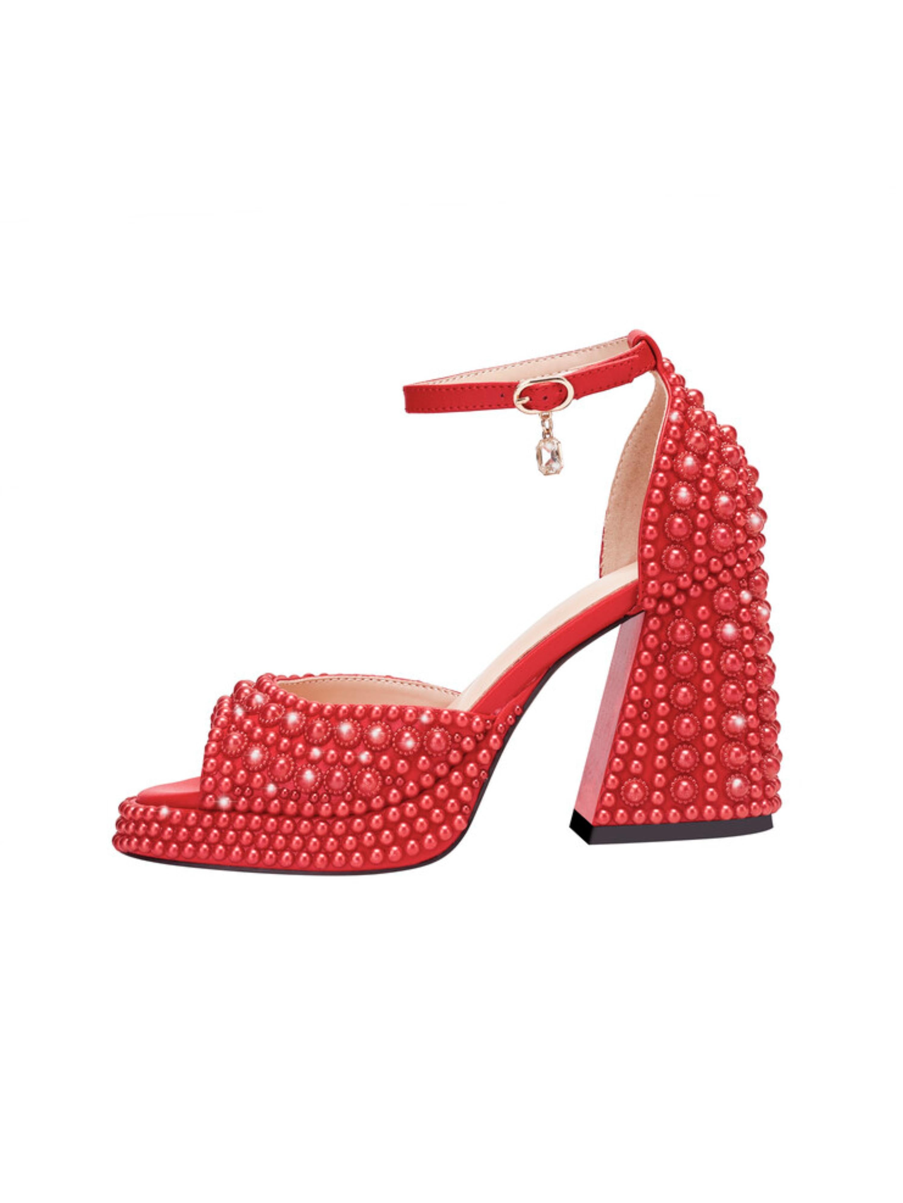 Glamorous Pearl-Stud Red Block Sandals for Women