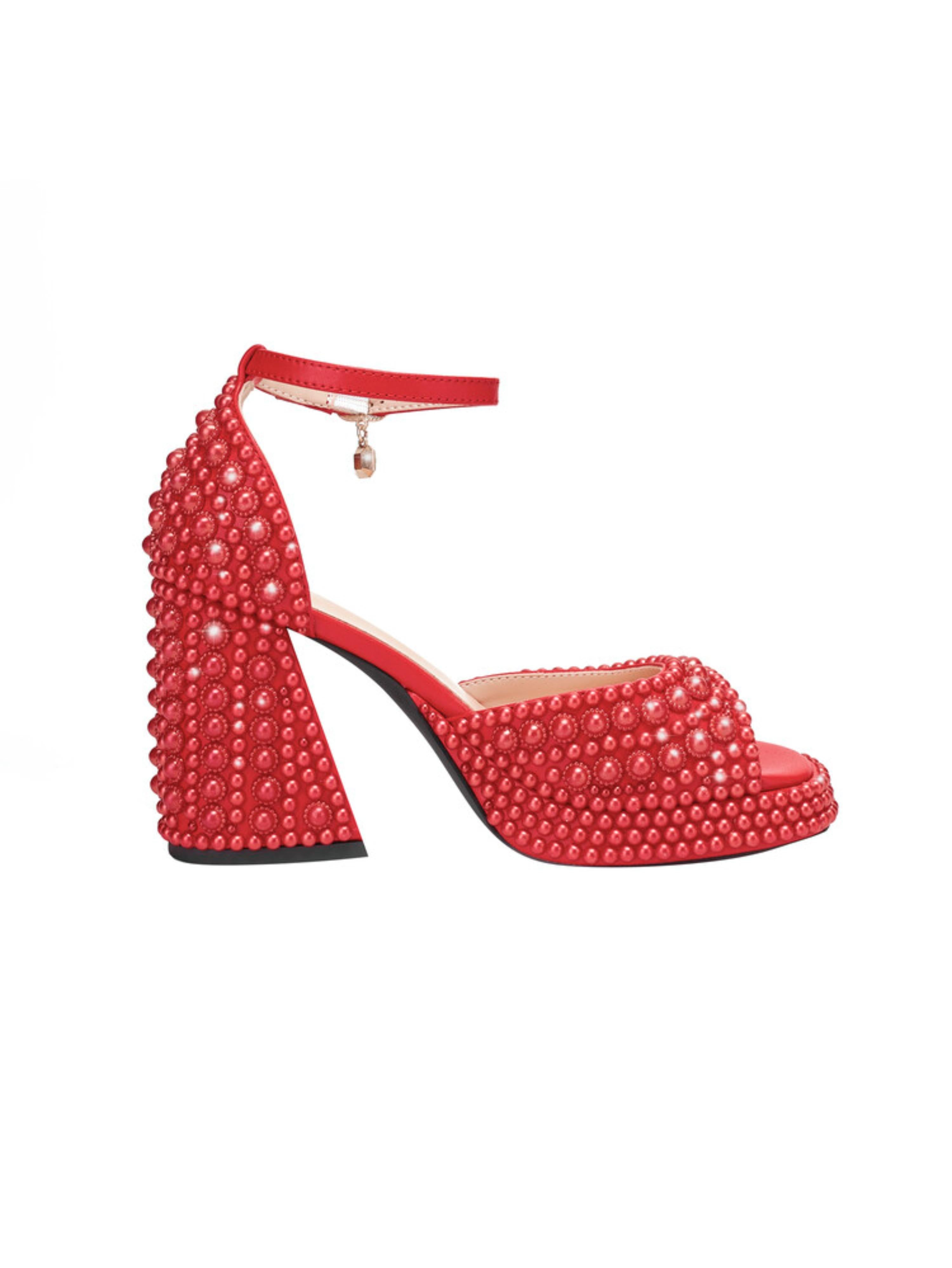 Glamorous Pearl-Stud Red Block Sandals for Women