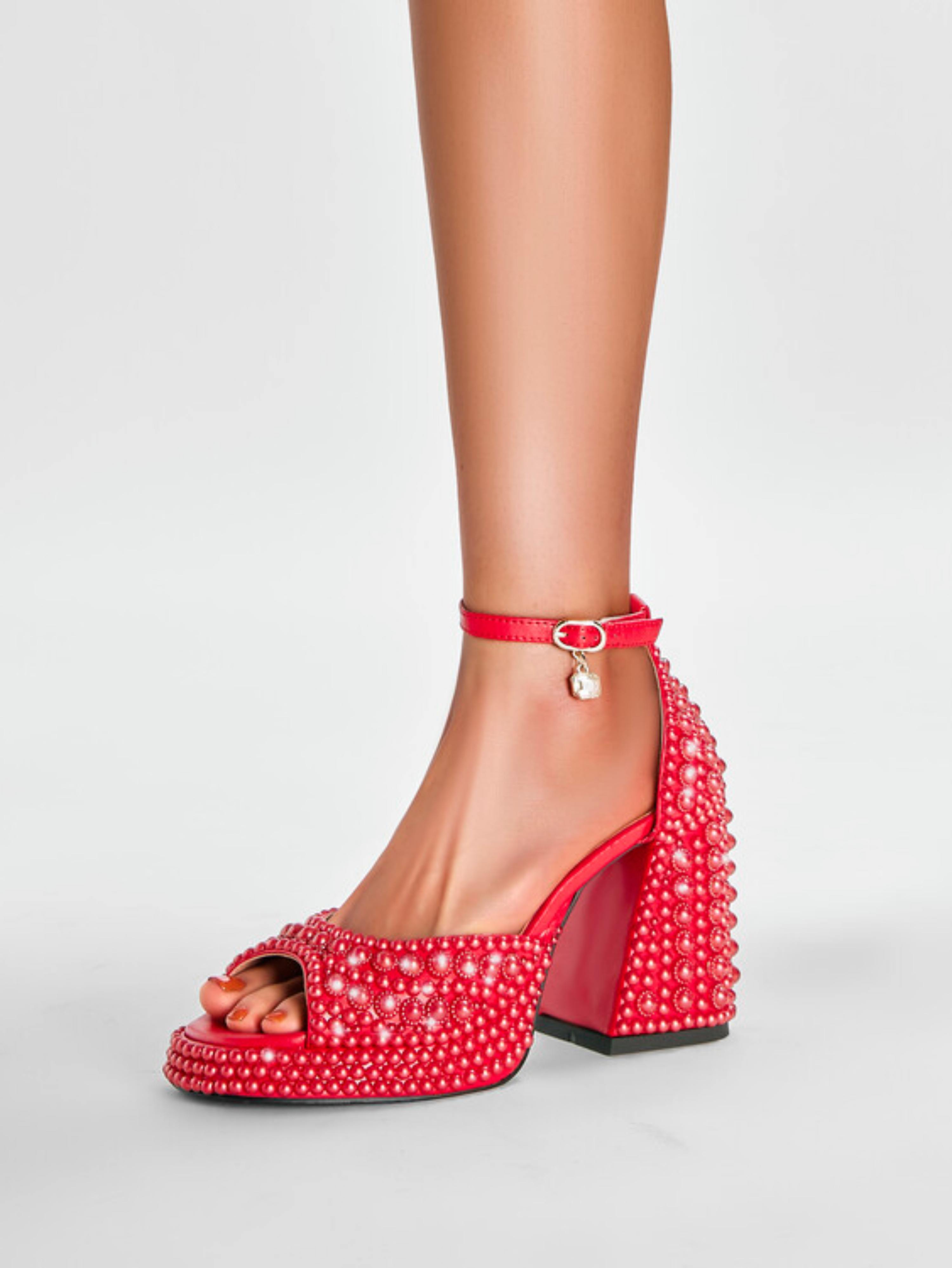 Glamorous Pearl-Stud Red Block Sandals for Women