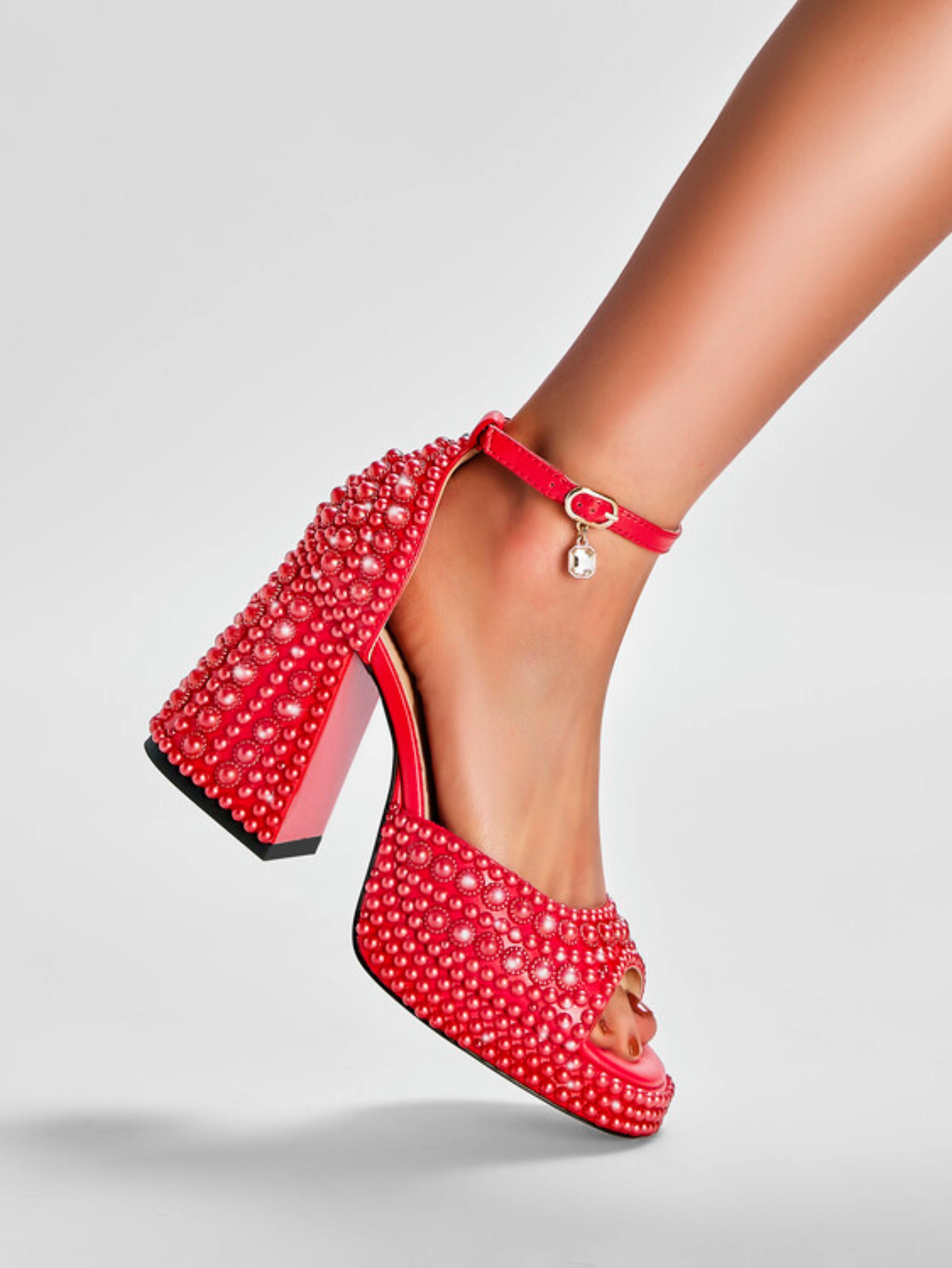 Glamorous Pearl-Stud Red Block Sandals for Women