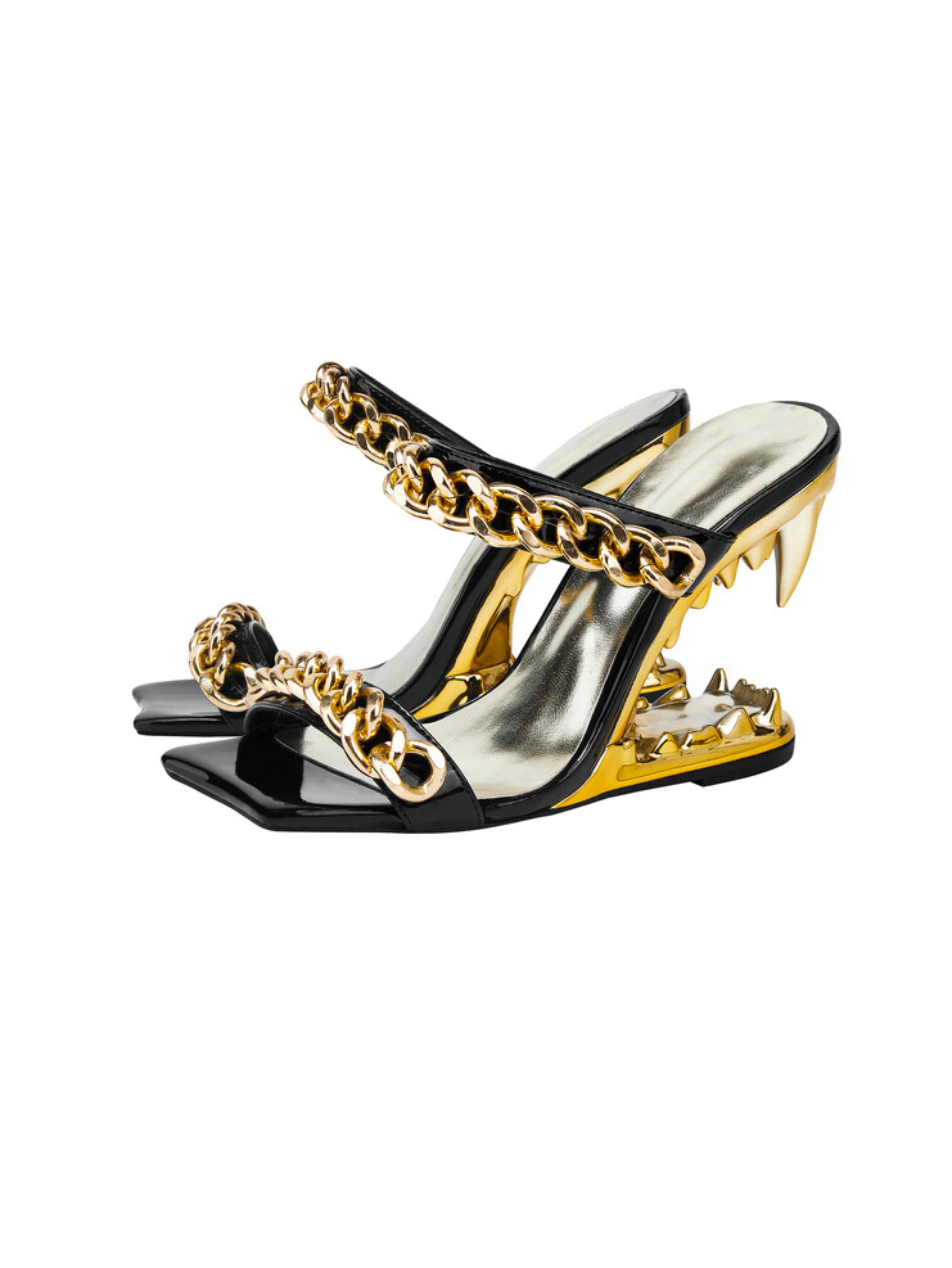 Golden Chain Sculpted Fang Heel Luxury Women‘s Sandals