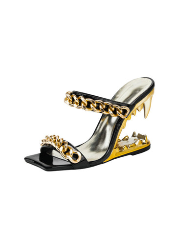 Golden Chain Sculpted Fang Heel Luxury Women‘s Sandals
