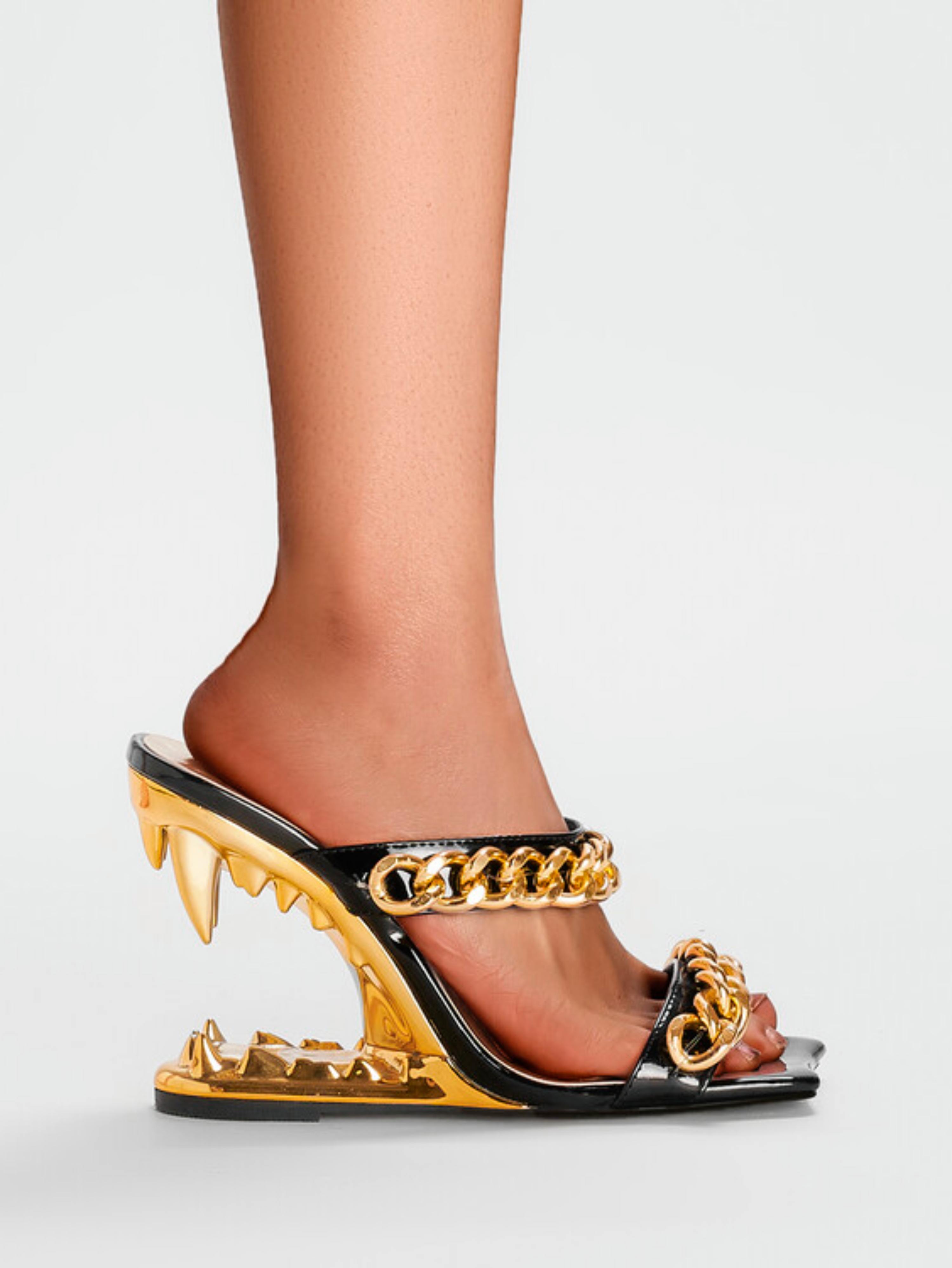 Golden Chain Sculpted Fang Heel Luxury Women‘s Sandals