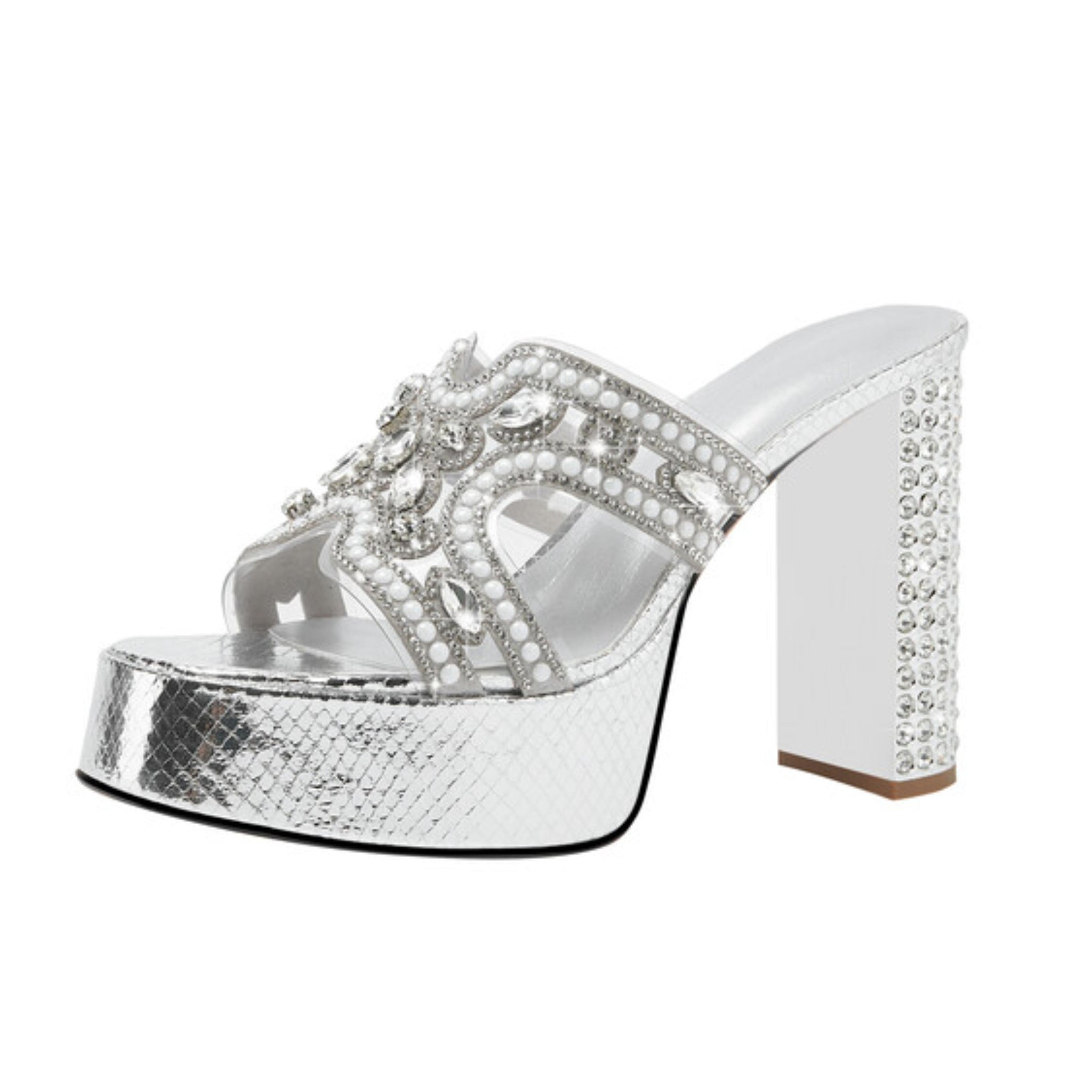 Pearl Accents Block Heel Platform Silver Sandals for Women