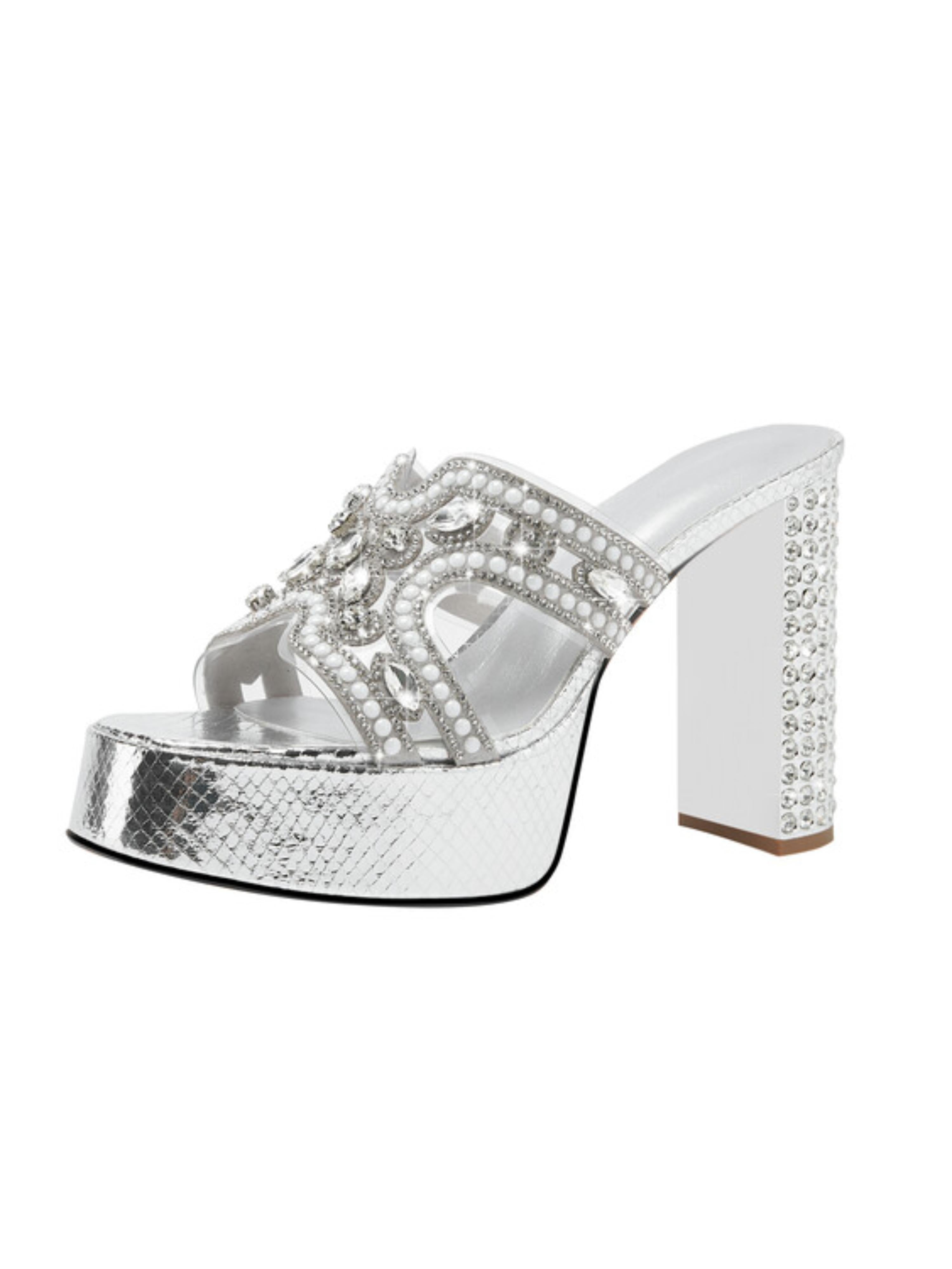 Pearl Accents Block Heel Platform Silver Sandals for Women