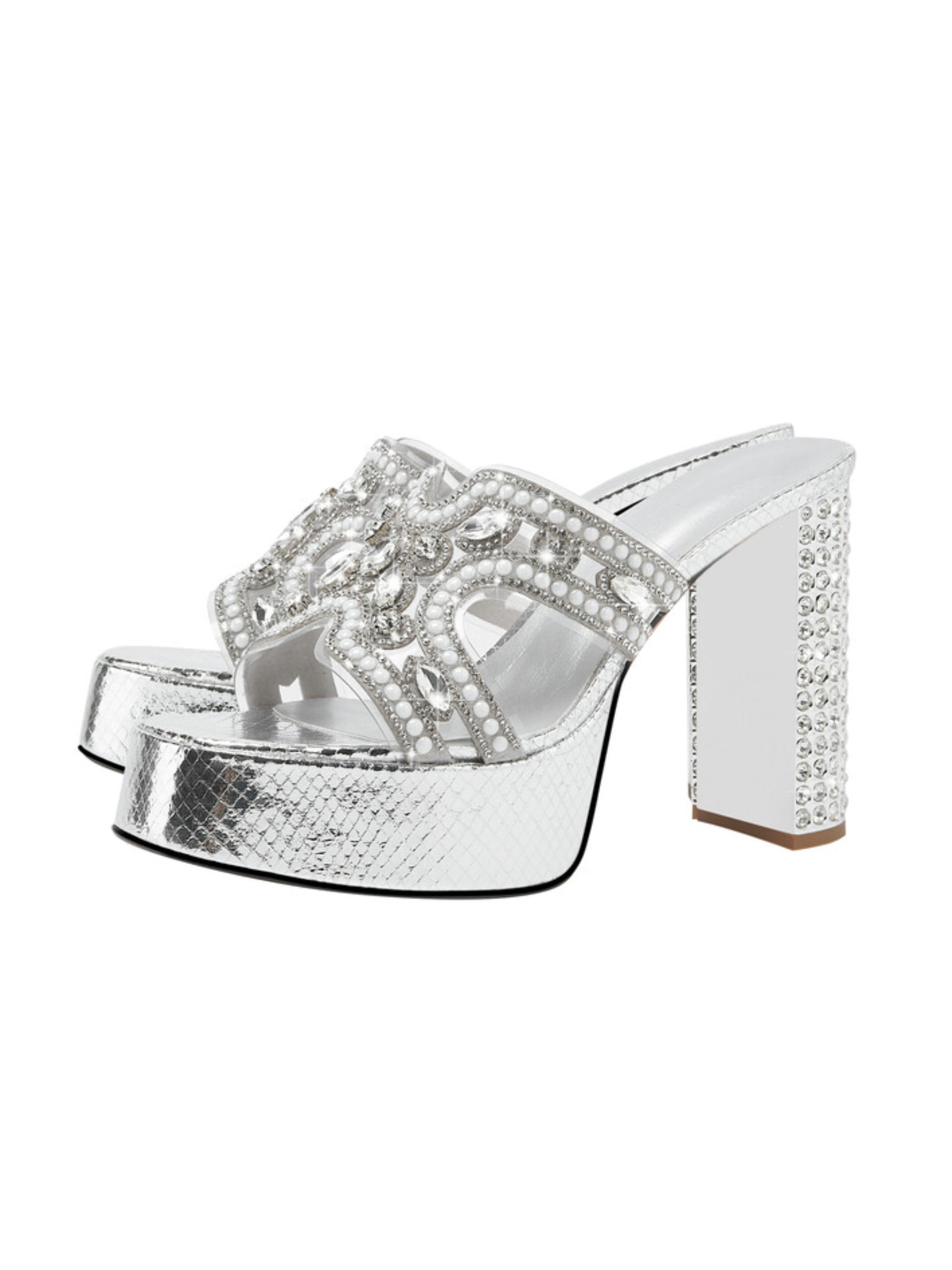 Pearl Accents Block Heel Platform Silver Sandals for Women