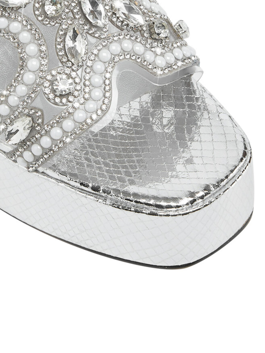 Pearl Accents Block Heel Platform Silver Sandals for Women
